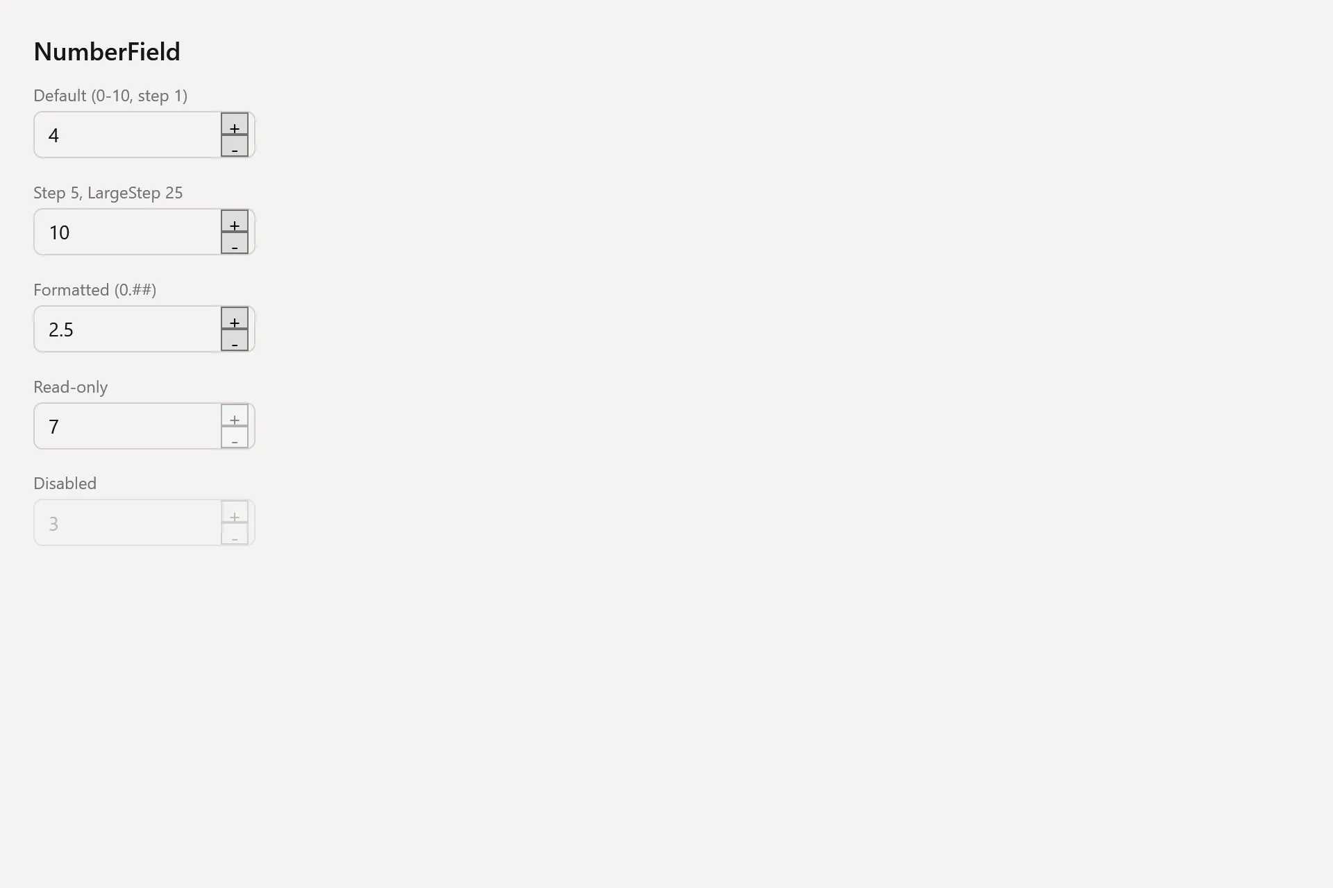 NumberField Gallery page in the light theme