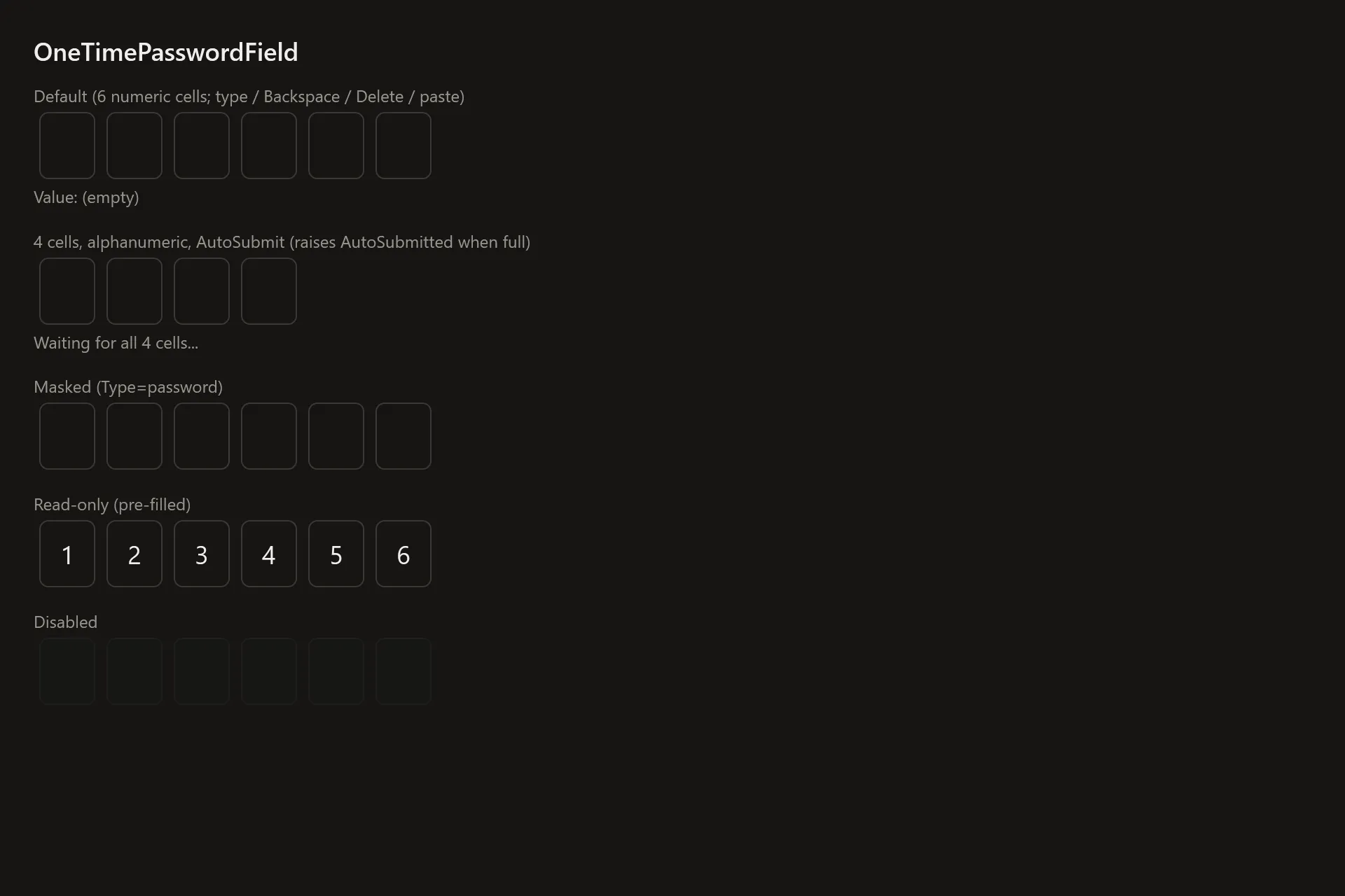 OneTimePasswordField Gallery page in the dark theme