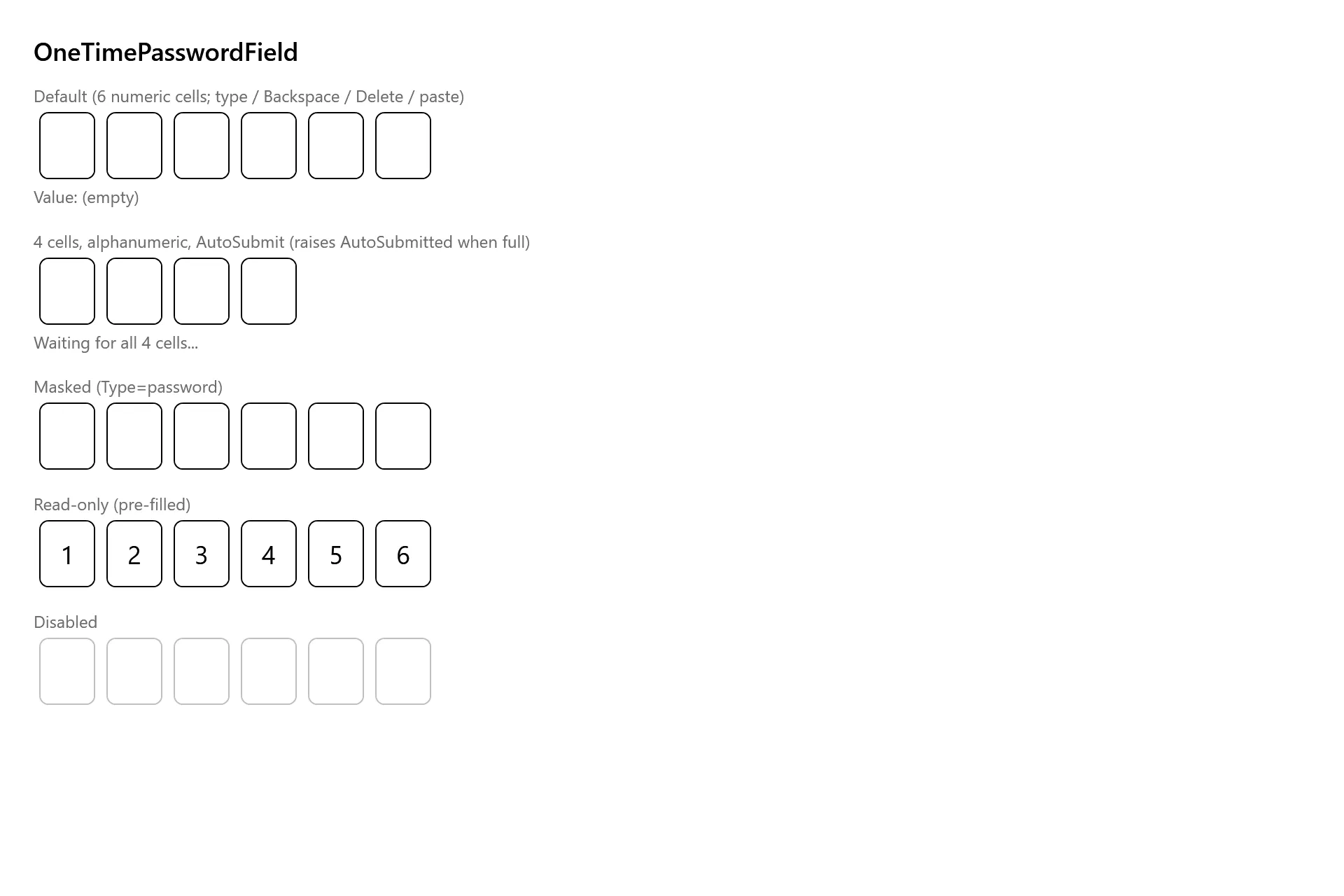 OneTimePasswordField Gallery page in the high contrast theme