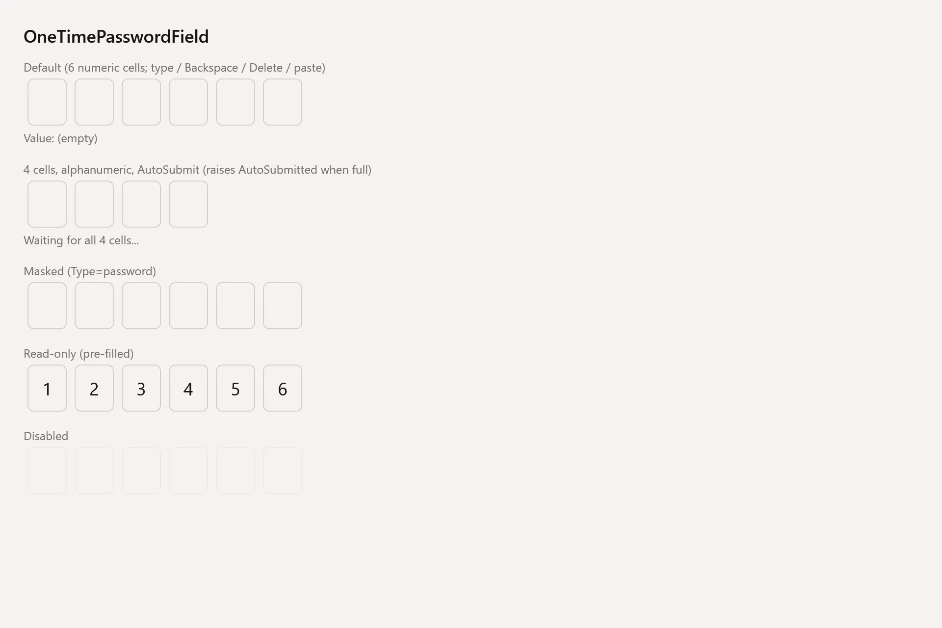 OneTimePasswordField Gallery page in the light theme