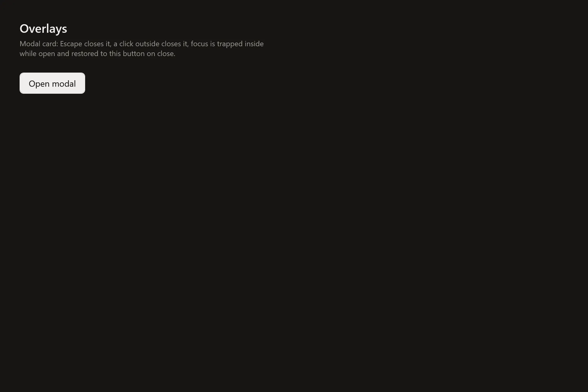Overlays Gallery page in the dark theme