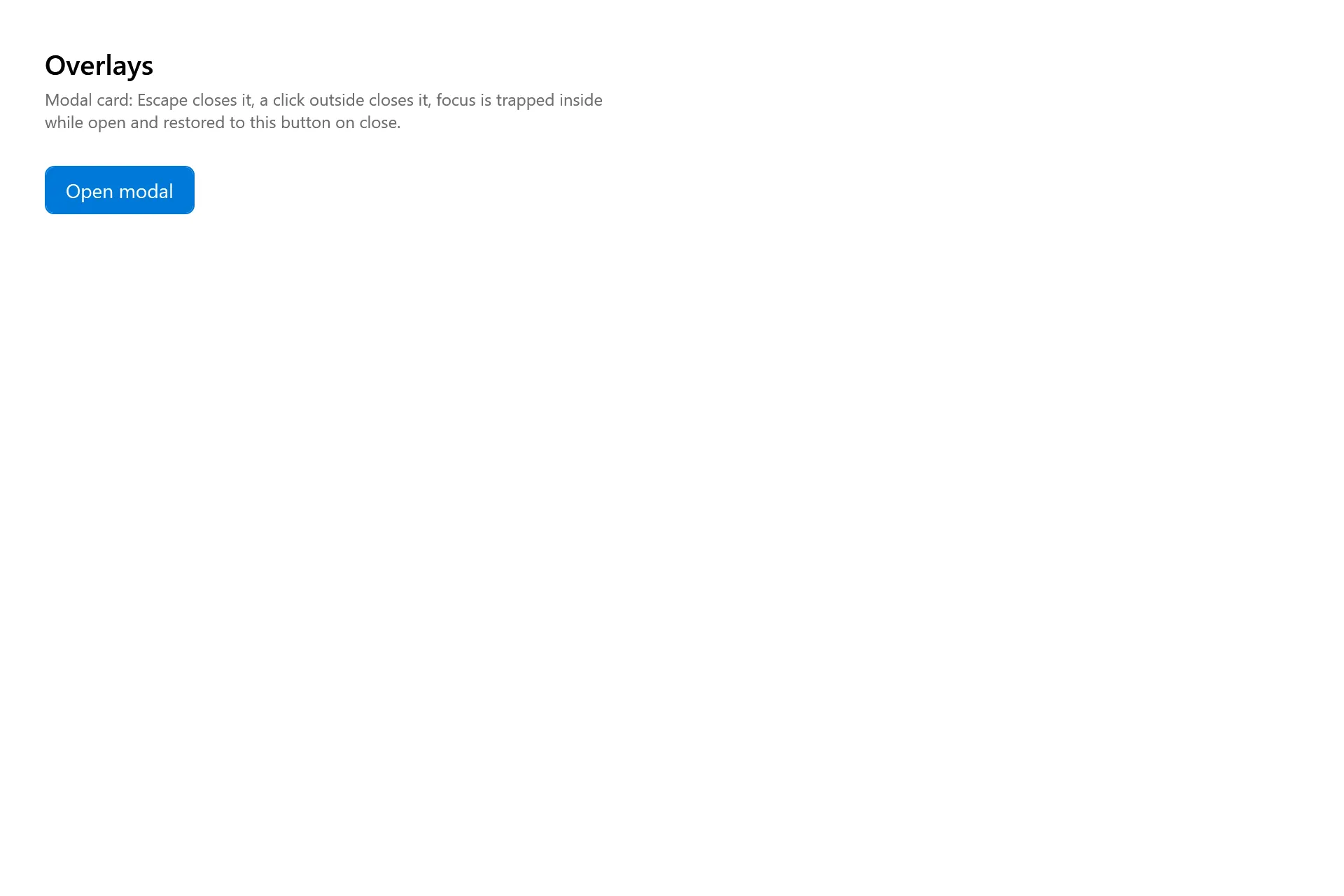 Overlays Gallery page in the high contrast theme