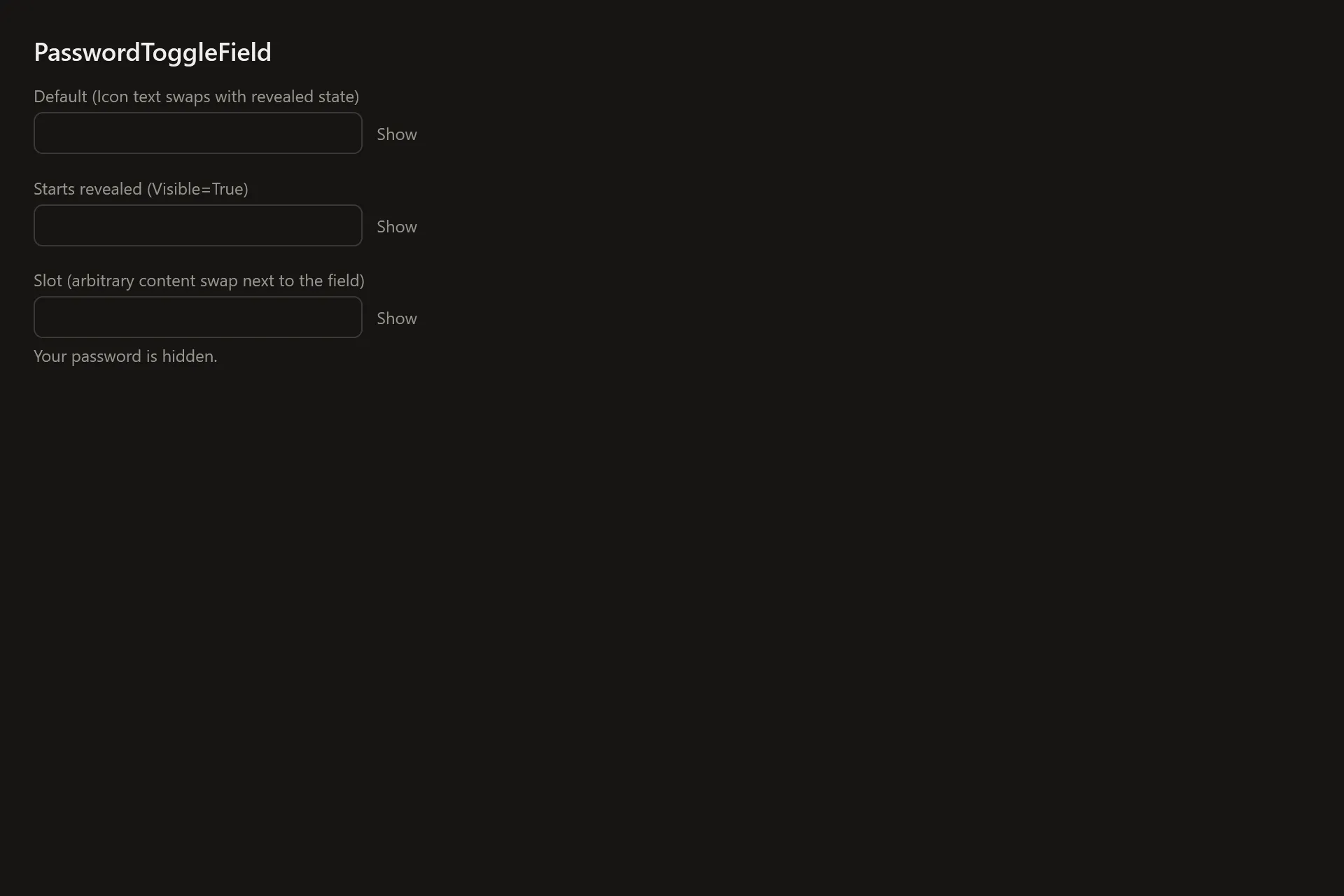 PasswordToggleField Gallery page in the dark theme