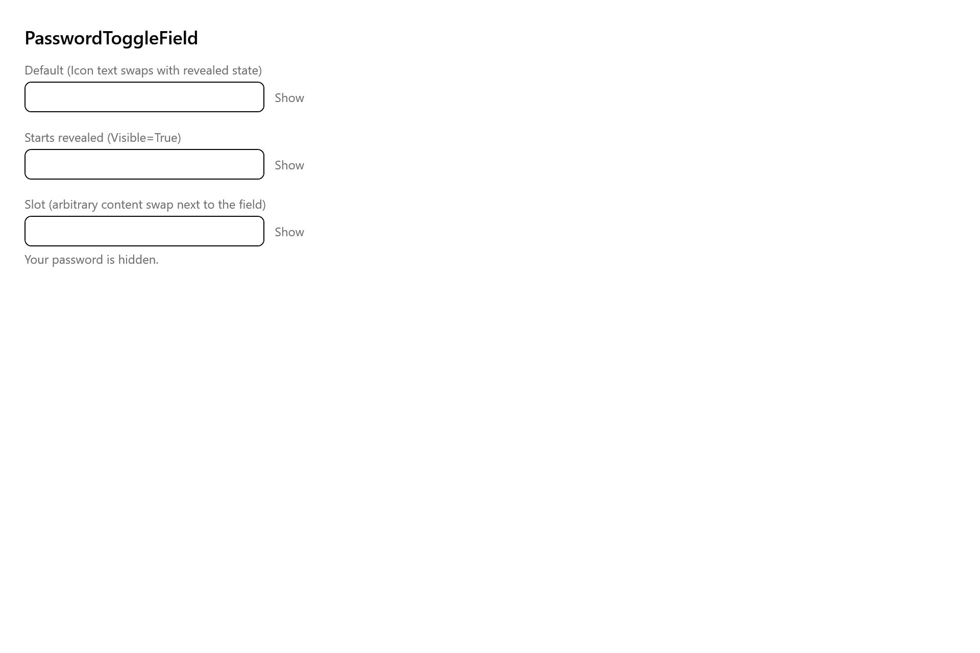 PasswordToggleField Gallery page in the high contrast theme