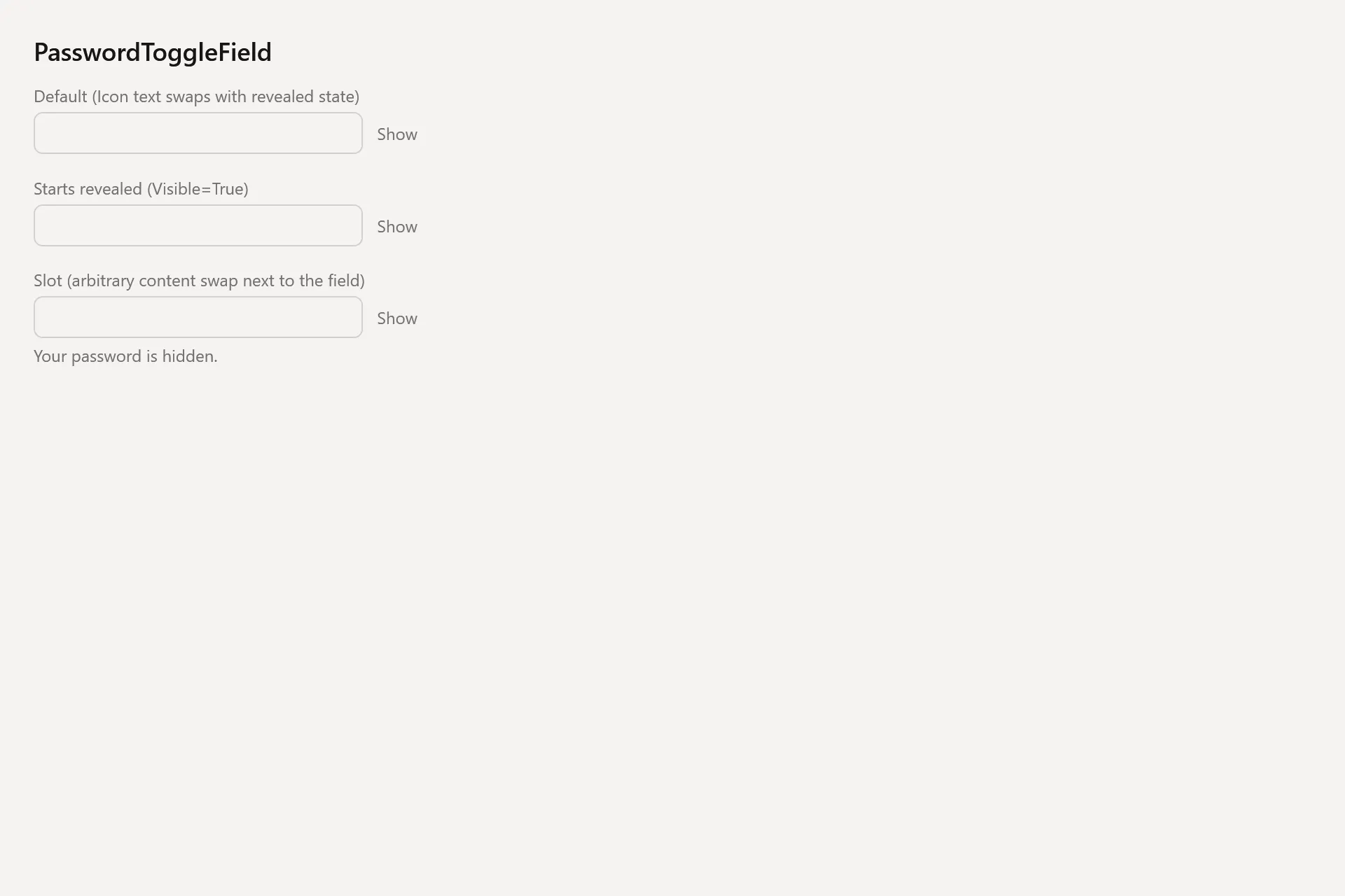 PasswordToggleField Gallery page in the light theme