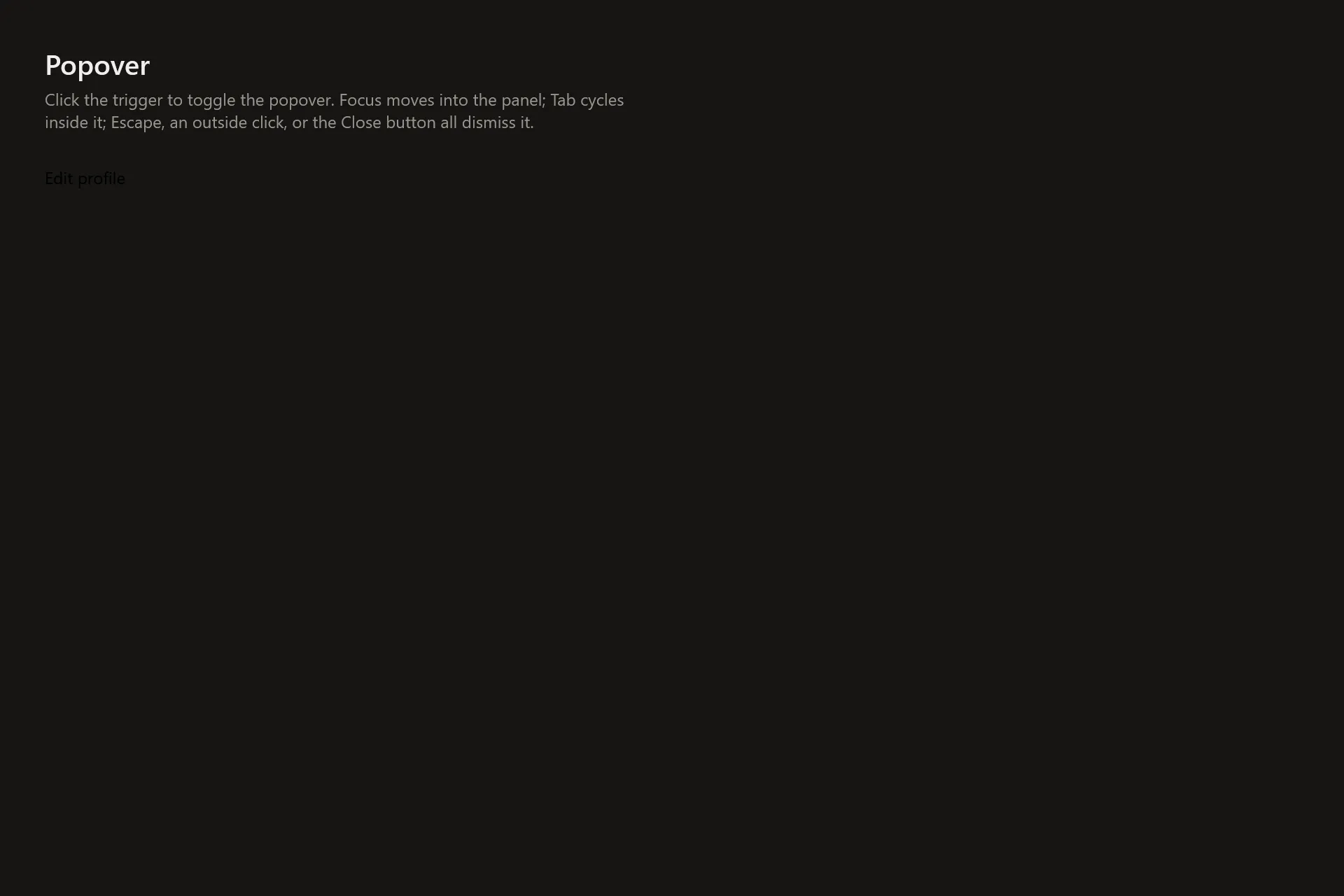 Popover Gallery page in the dark theme