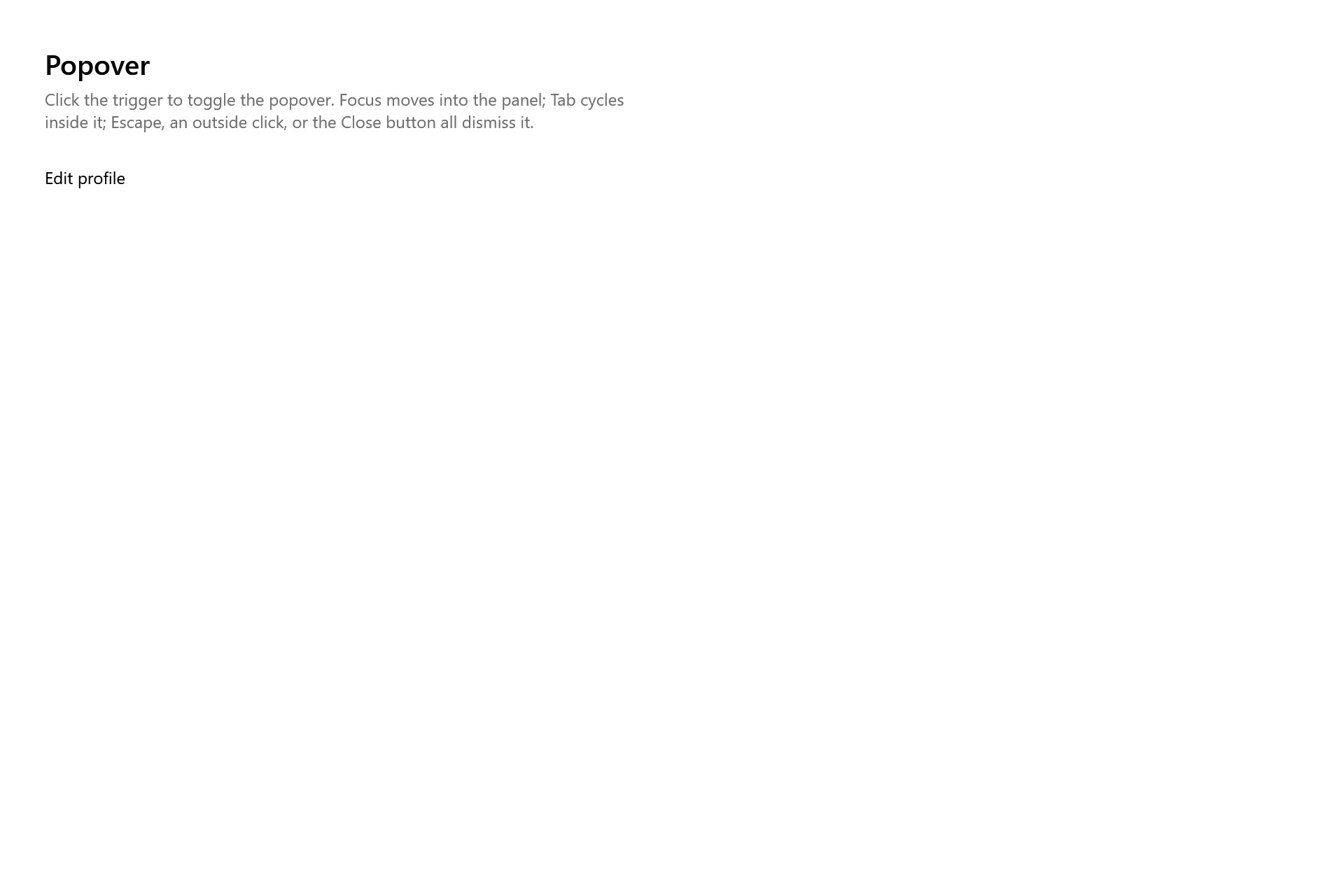 Popover Gallery page in the high contrast theme
