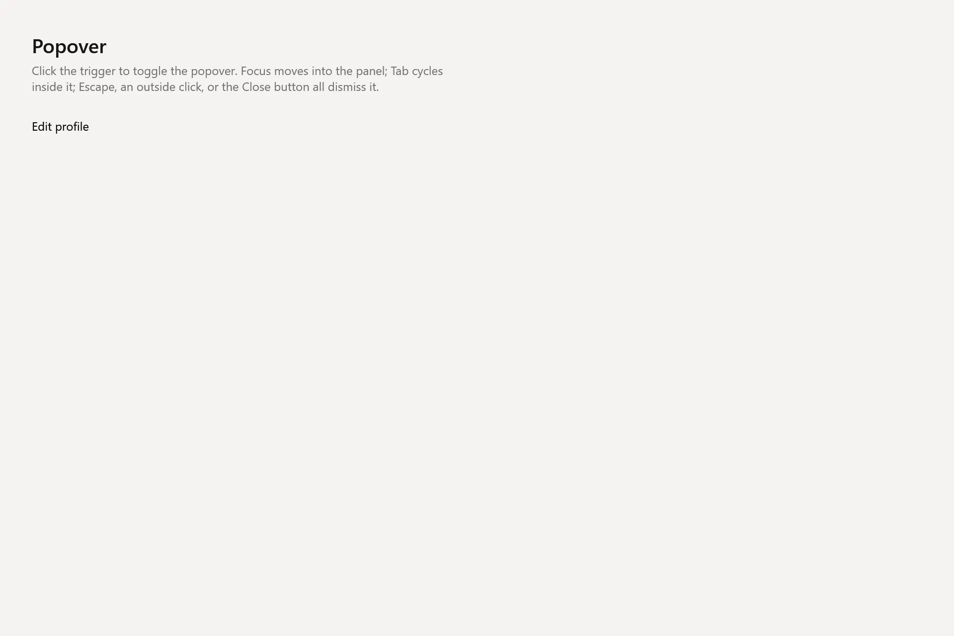 Popover Gallery page in the light theme