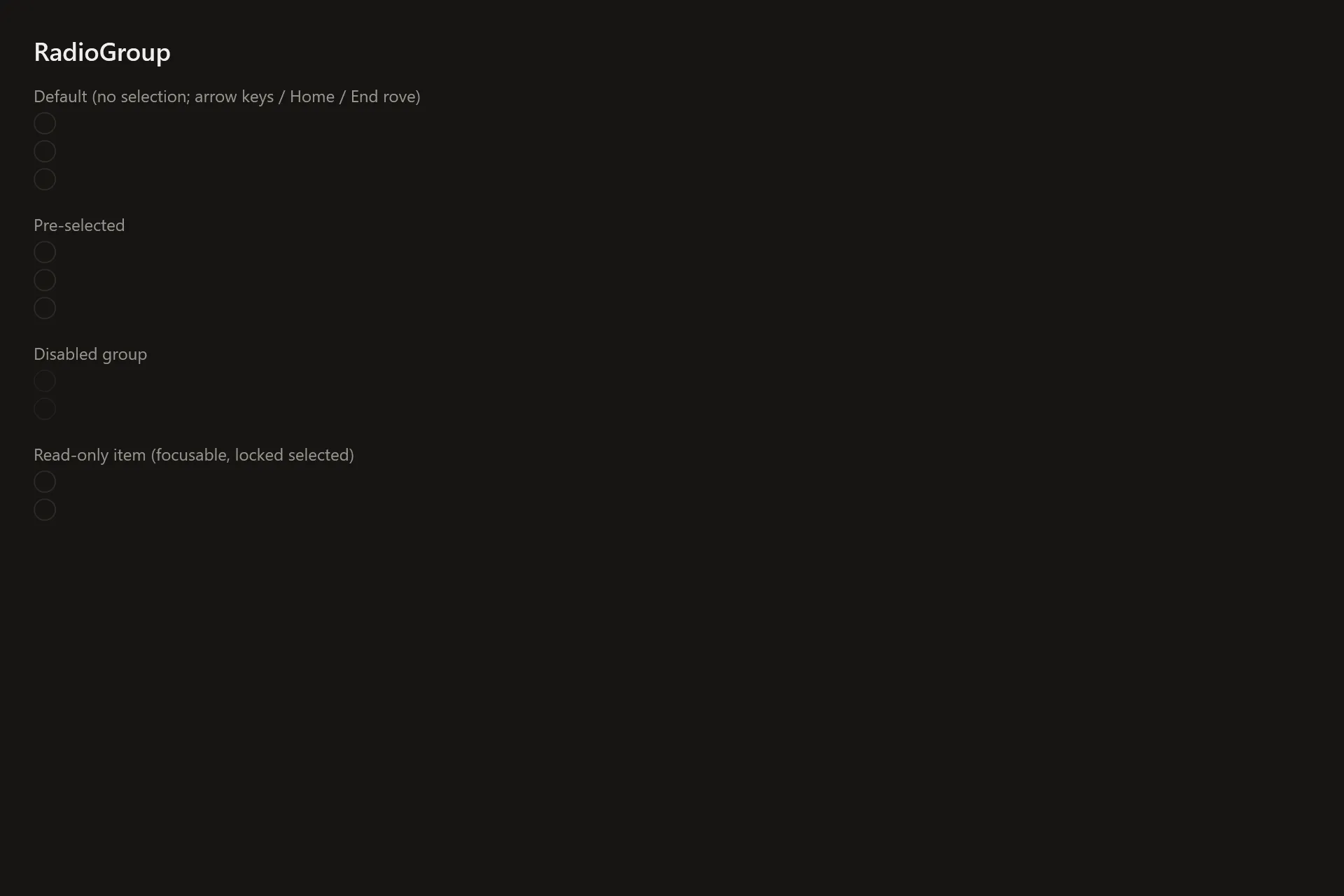 Radio Group Gallery page in the dark theme