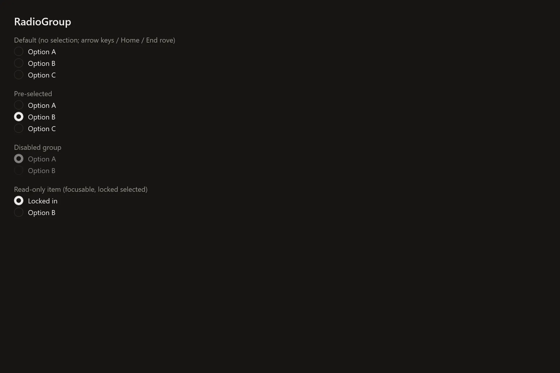 Radio Group Gallery page in the dark theme