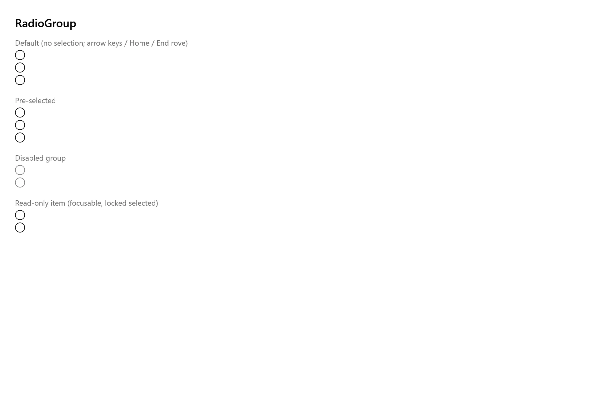 Radio Group Gallery page in the high contrast theme