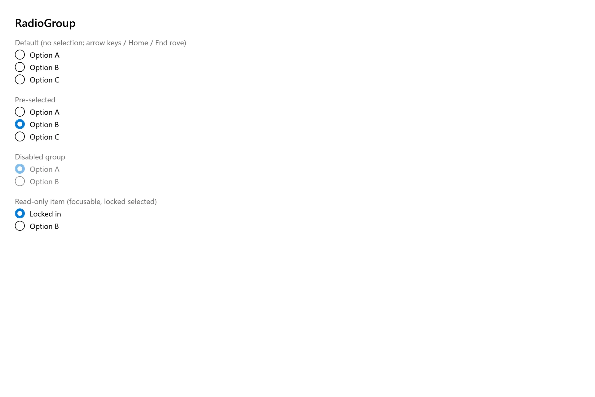 Radio Group Gallery page in the high contrast theme