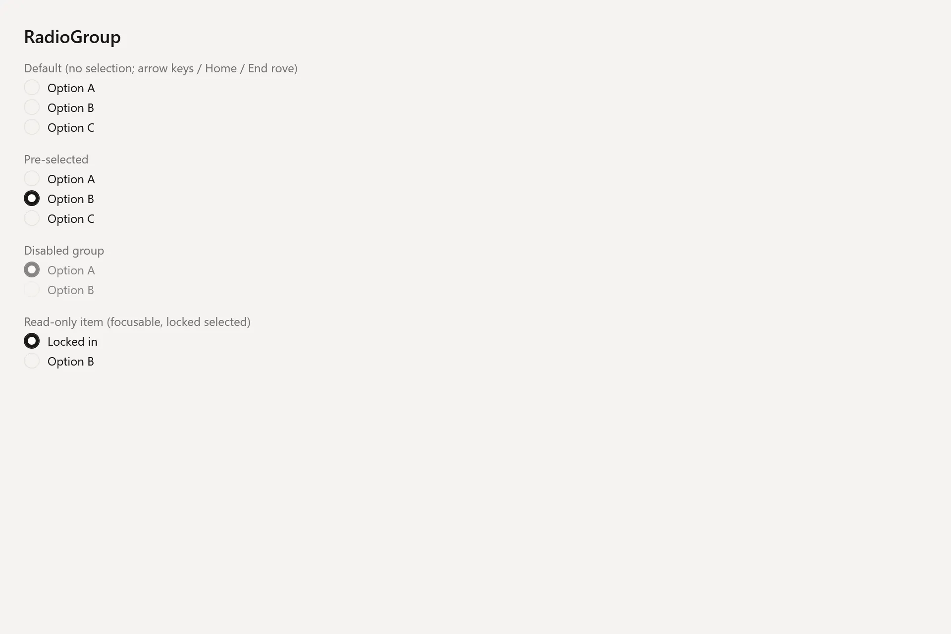 Radio Group Gallery page in the light theme