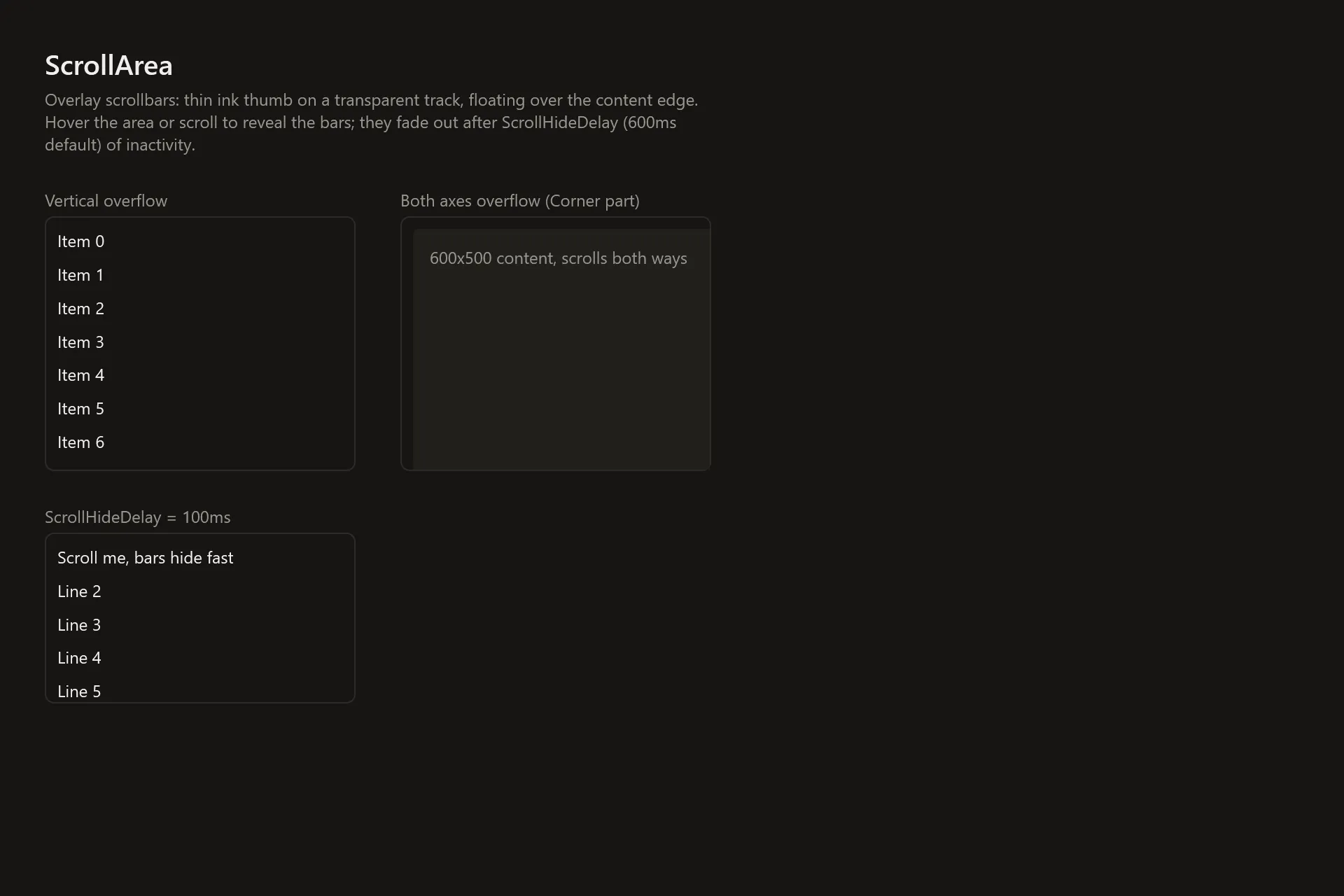 ScrollArea Gallery page in the dark theme