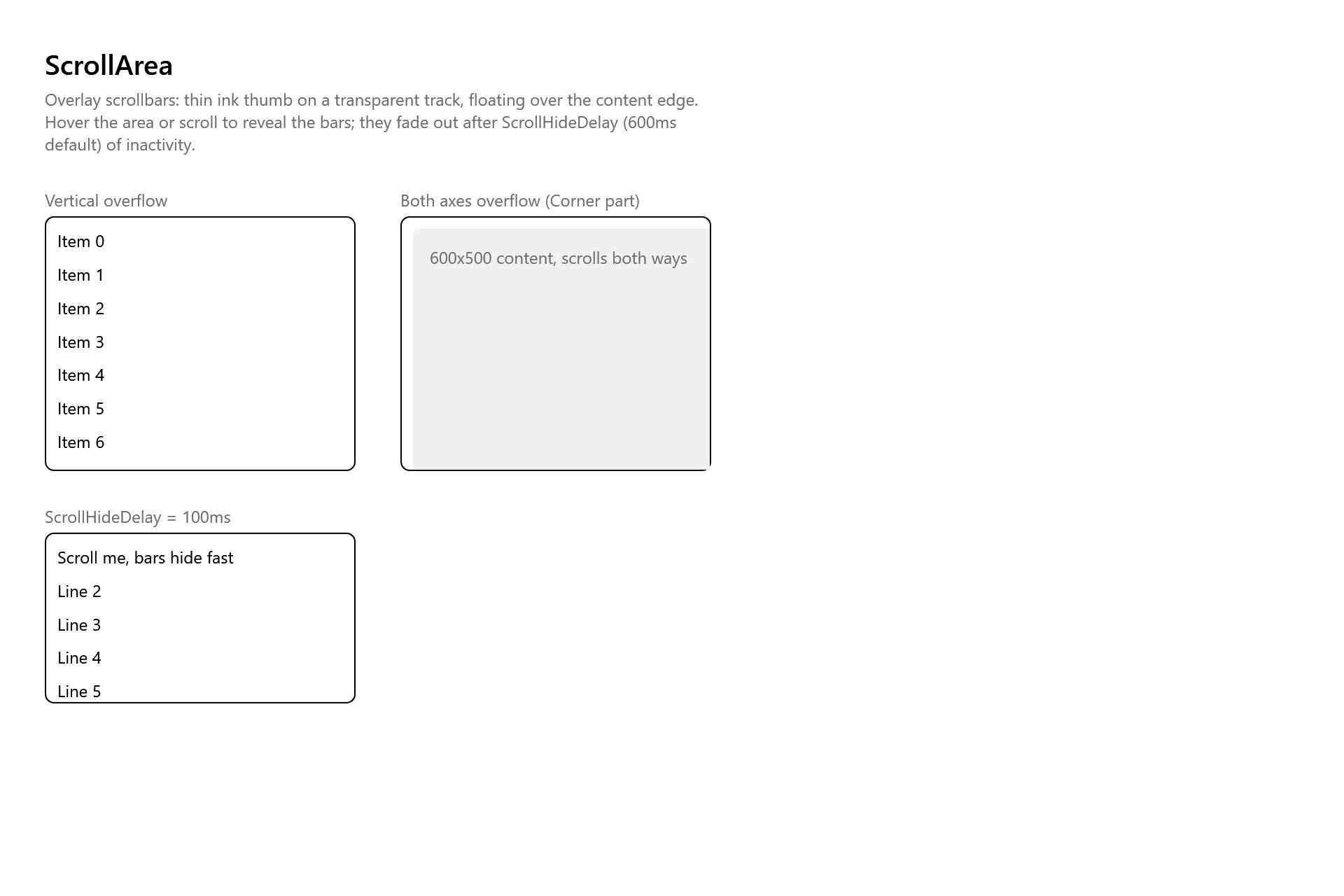 ScrollArea Gallery page in the high contrast theme