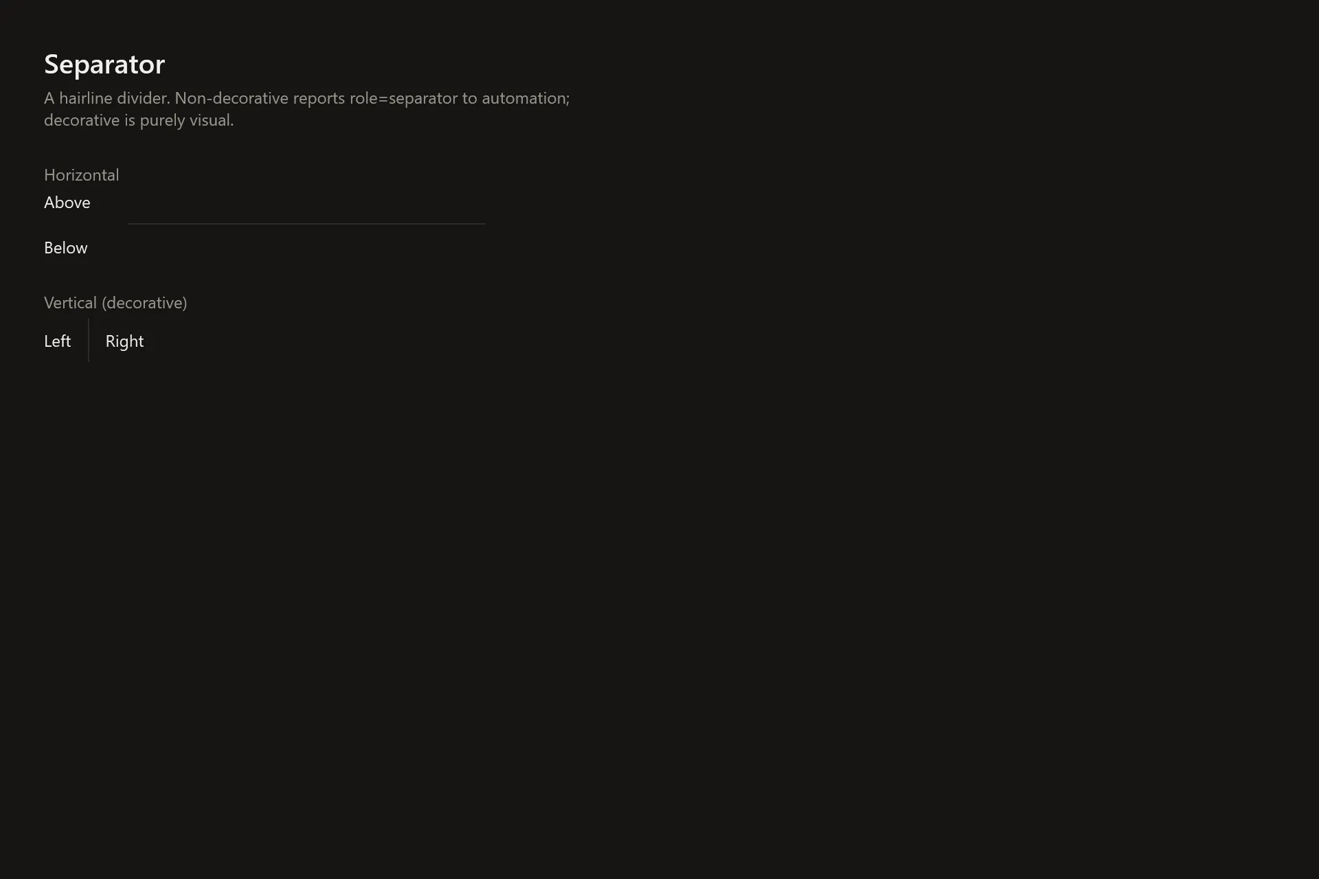 Separator Gallery page in the dark theme