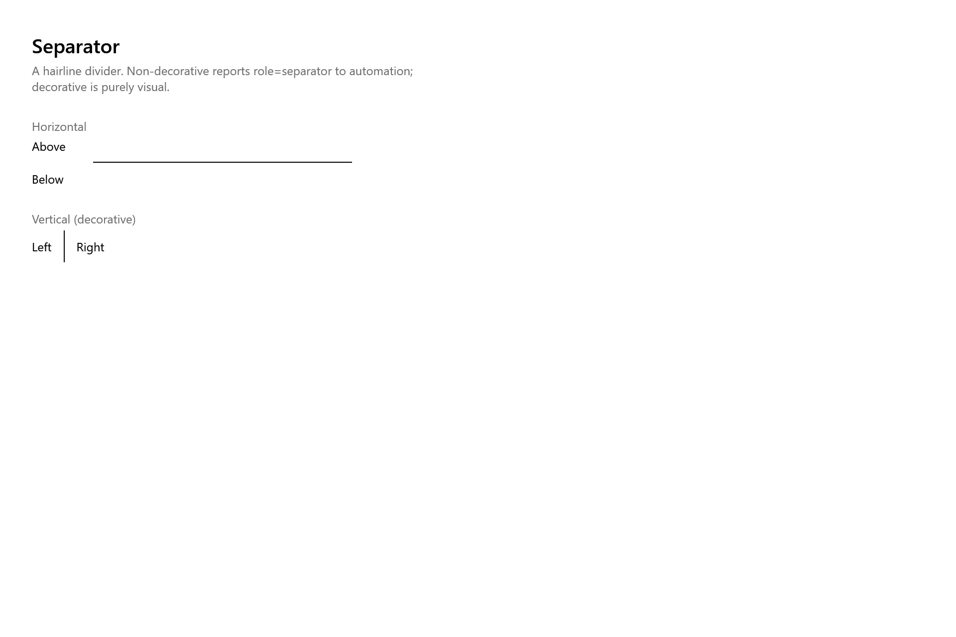 Separator Gallery page in the high contrast theme