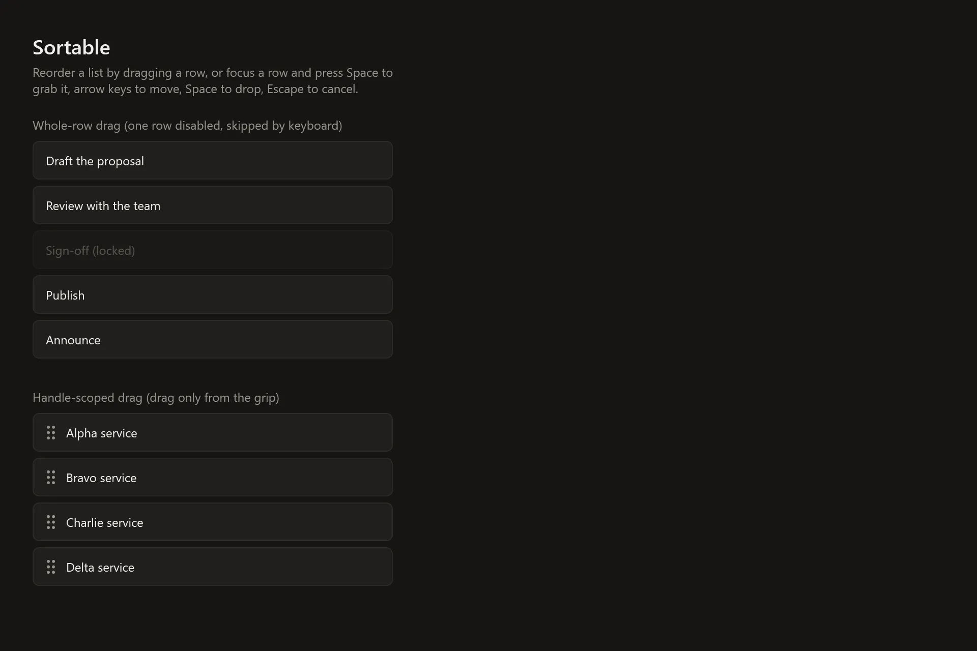 Sortable Gallery page in the dark theme
