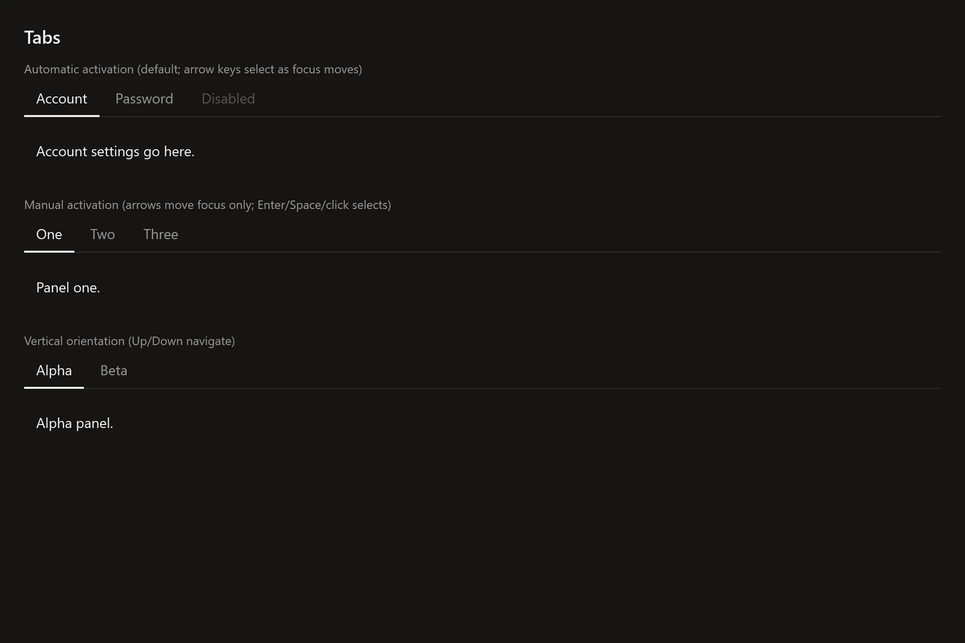 Tabs Gallery page in the dark theme