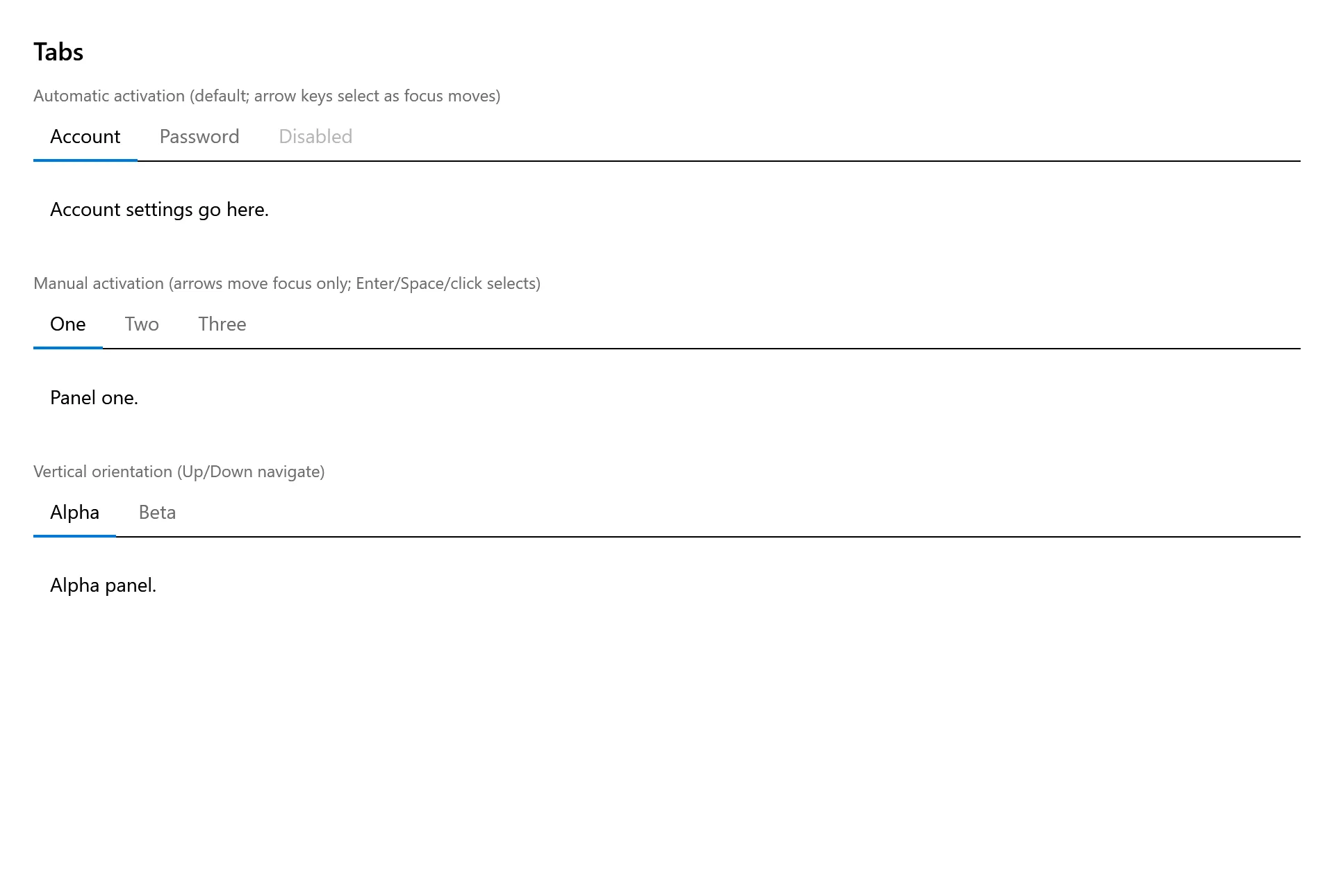 Tabs Gallery page in the high contrast theme