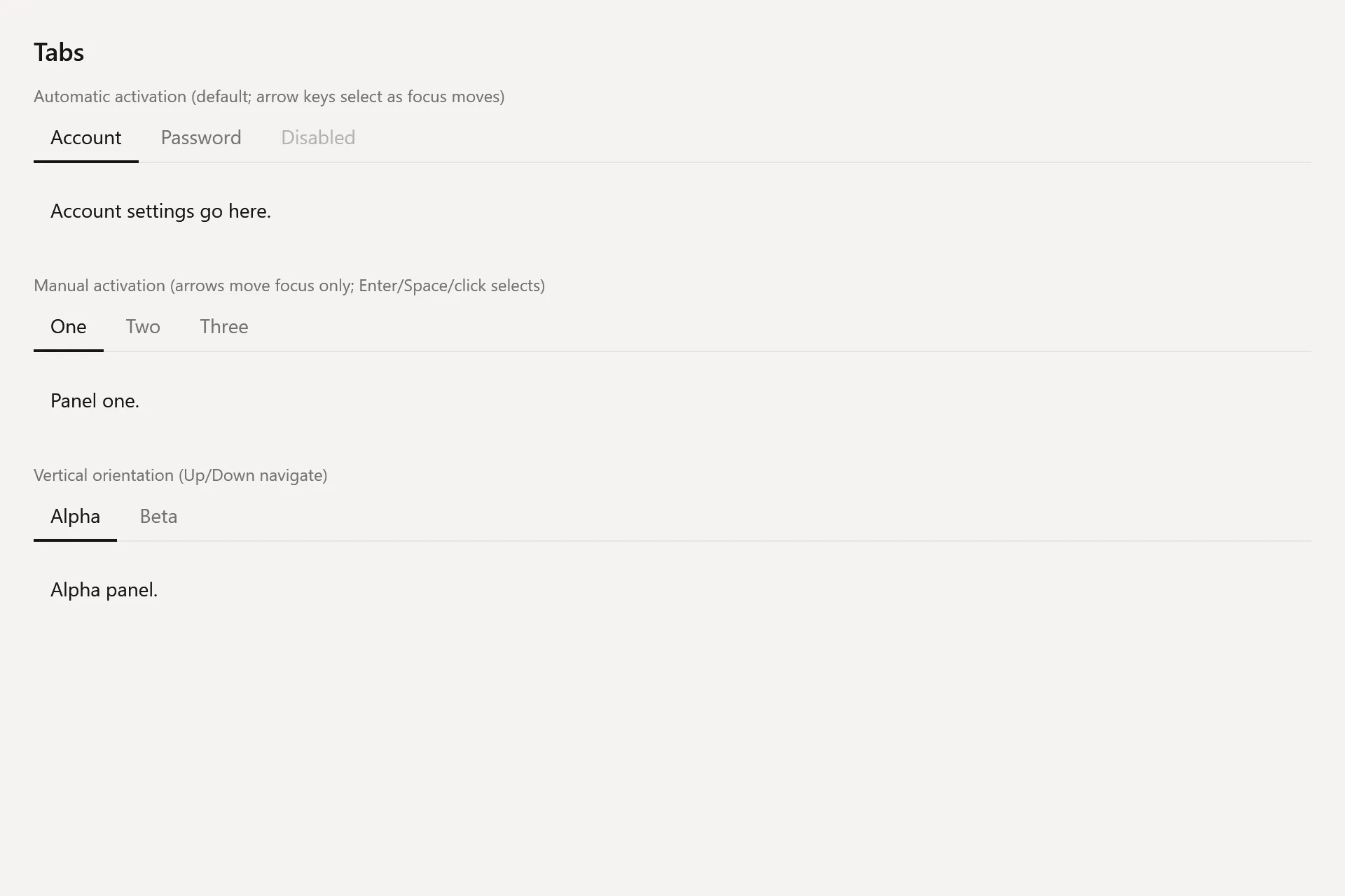 Tabs Gallery page in the light theme