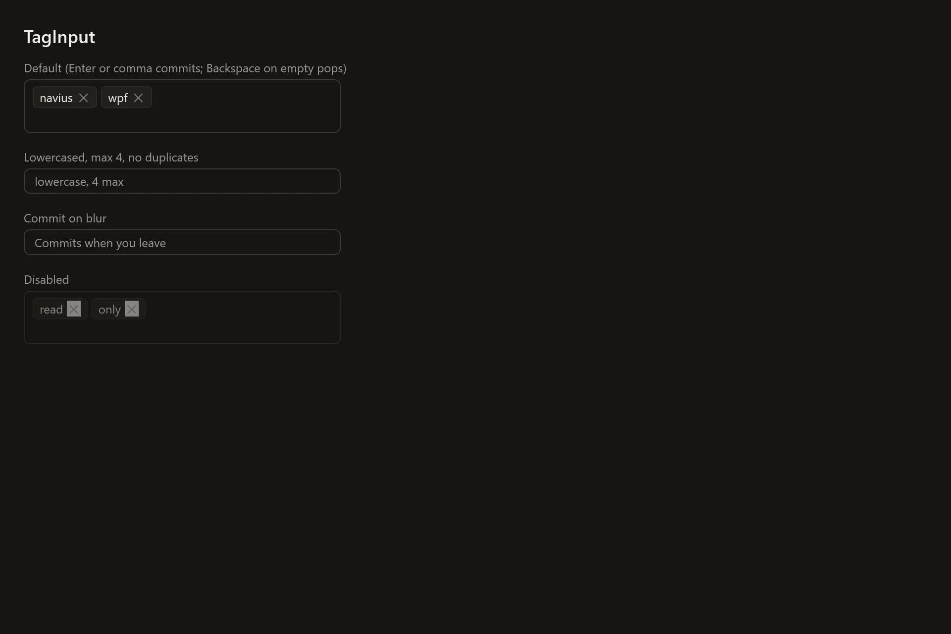 TagInput Gallery page in the dark theme