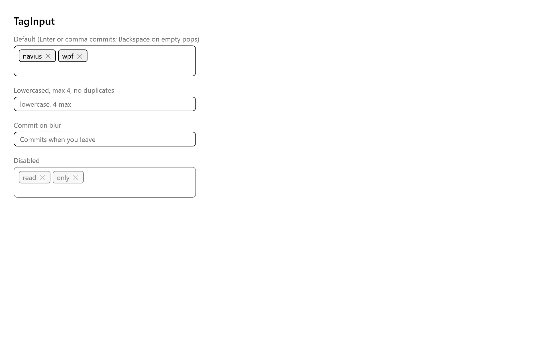 TagInput Gallery page in the high contrast theme