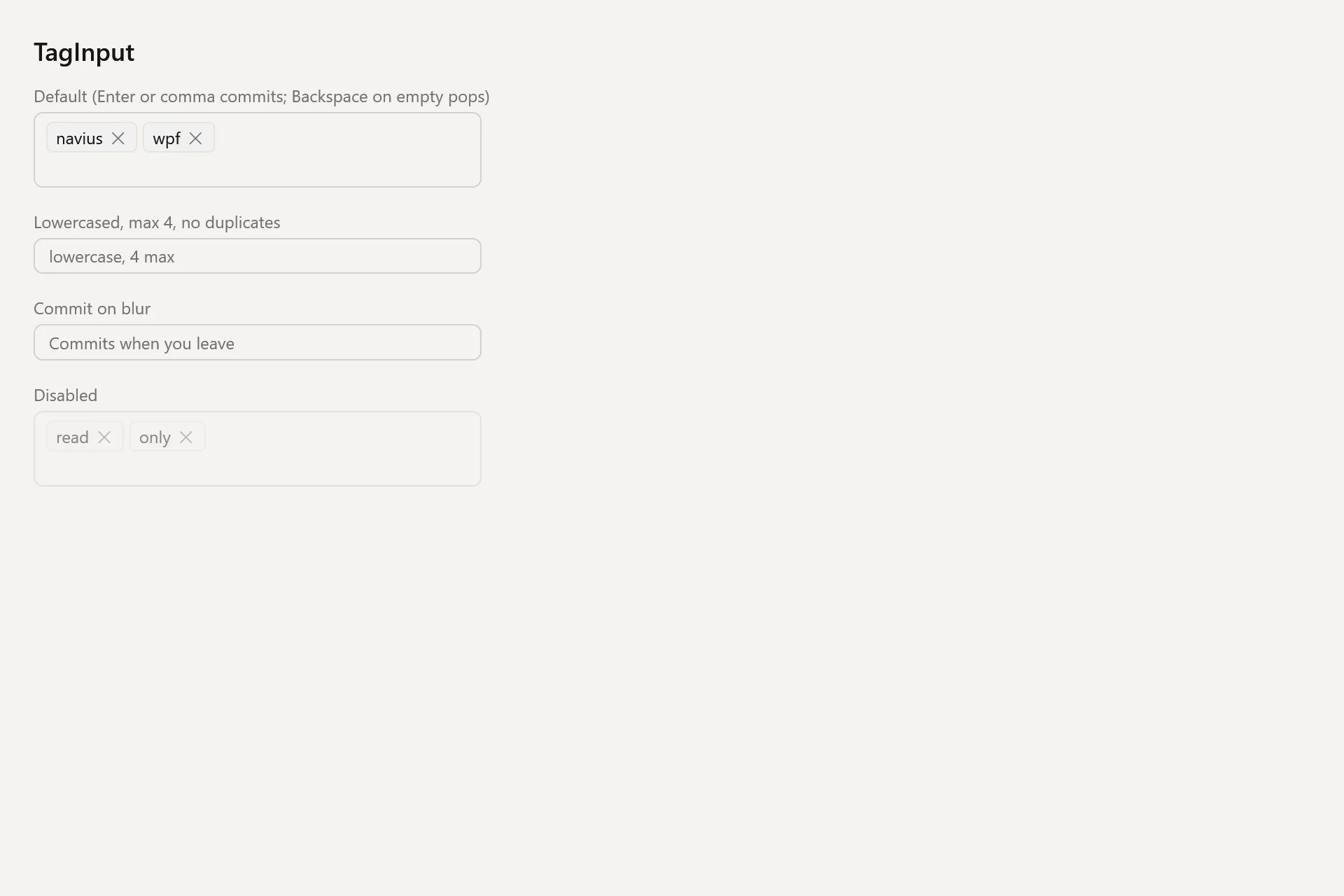 TagInput Gallery page in the light theme