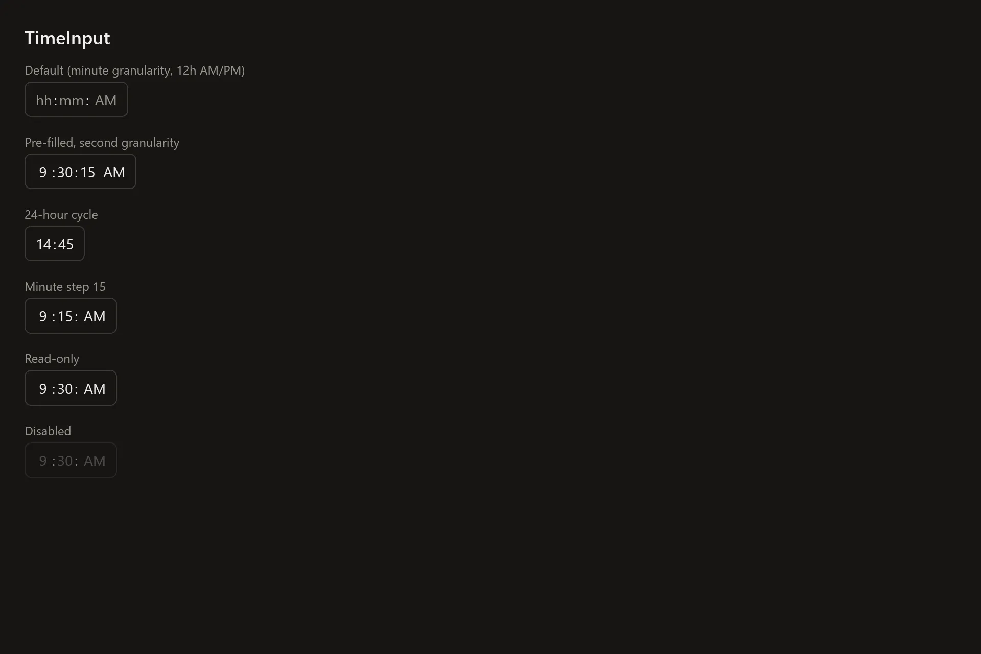 TimeInput Gallery page in the dark theme