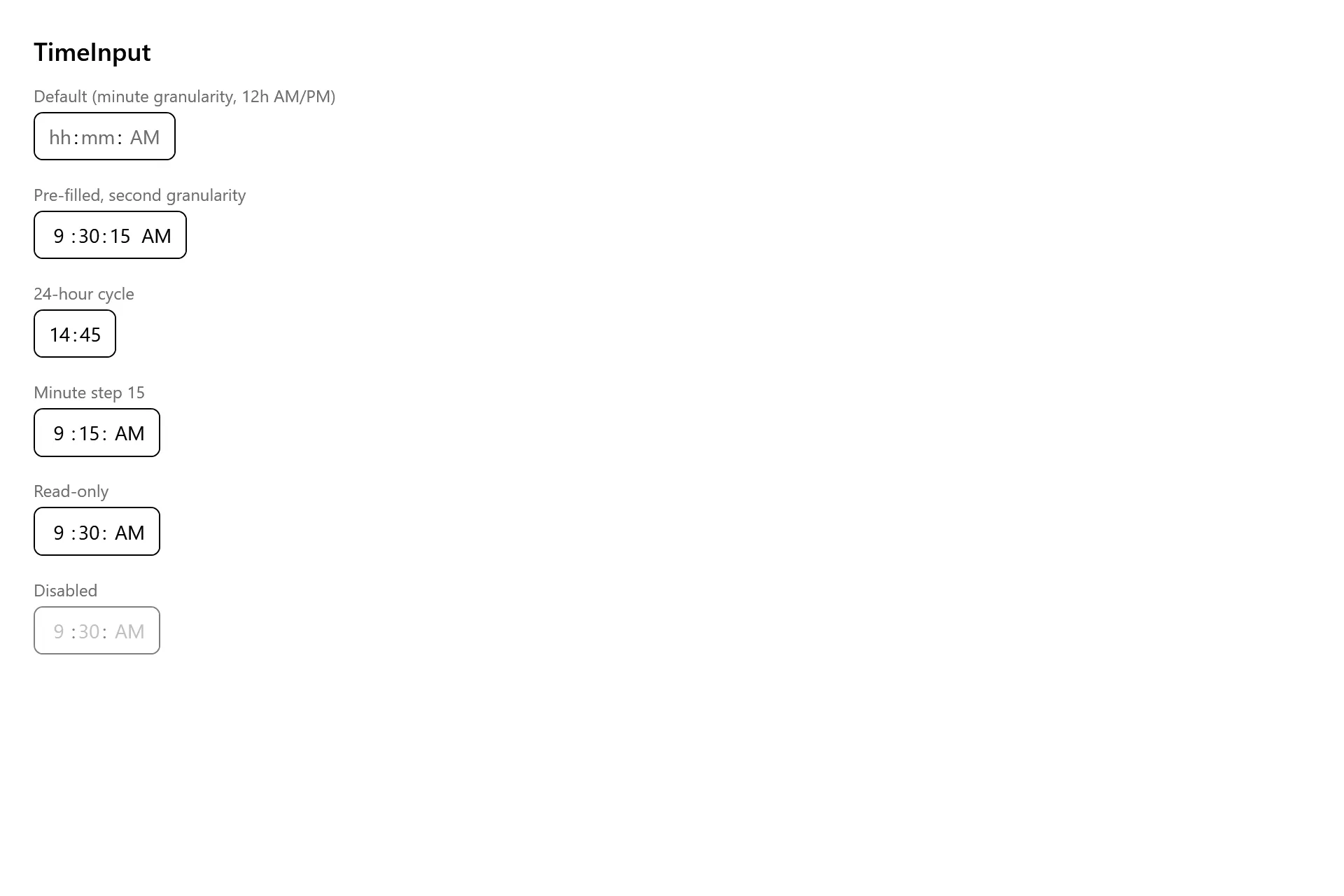 TimeInput Gallery page in the high contrast theme