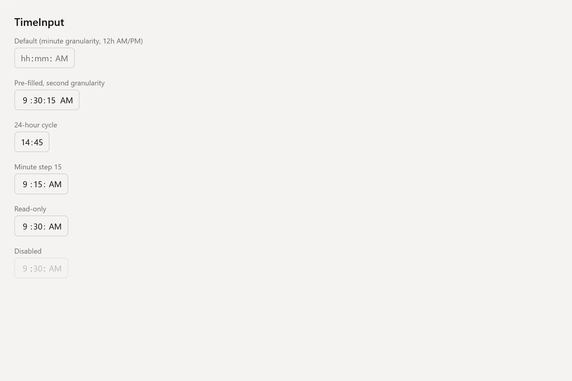 TimeInput Gallery page in the light theme