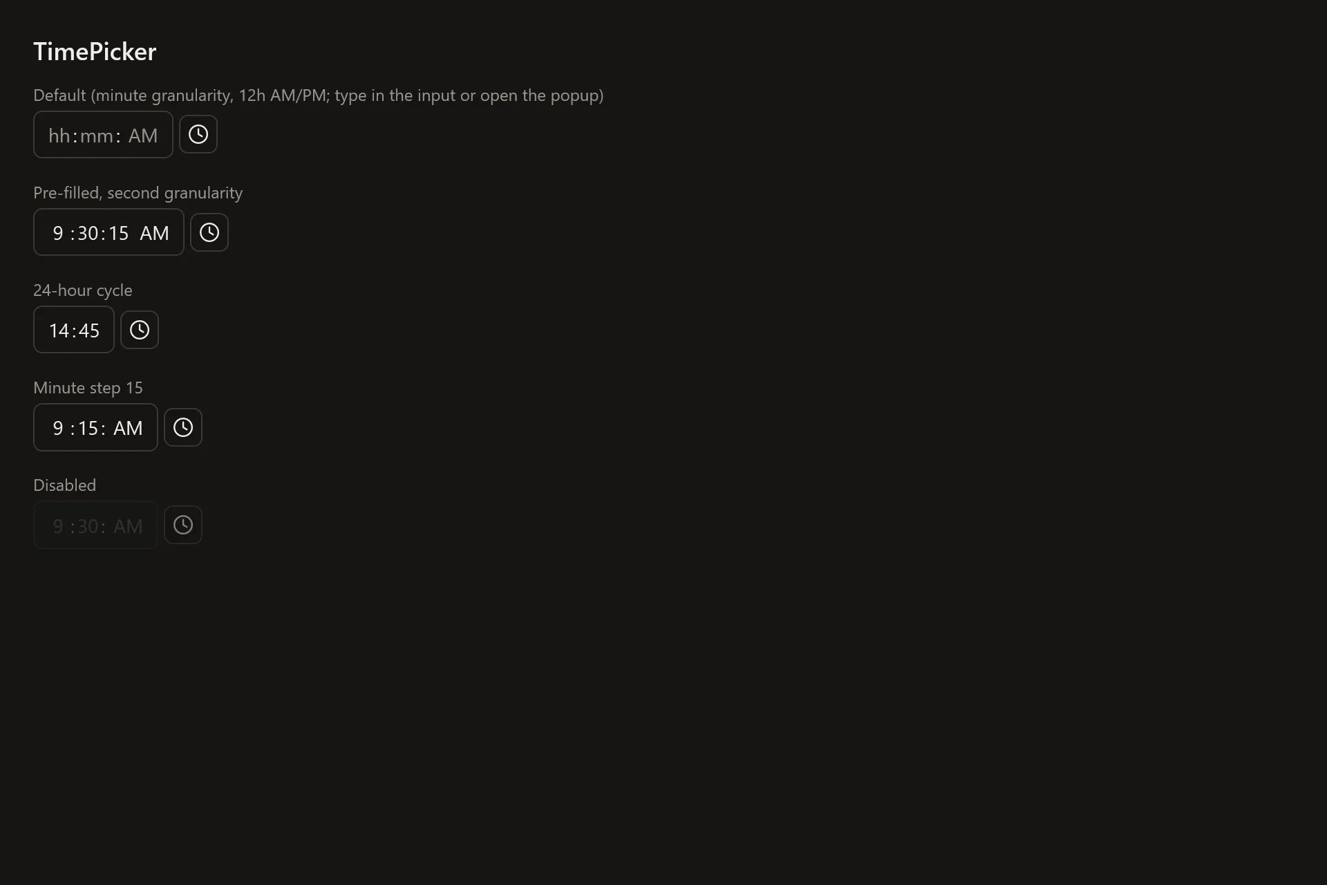 TimePicker Gallery page in the dark theme