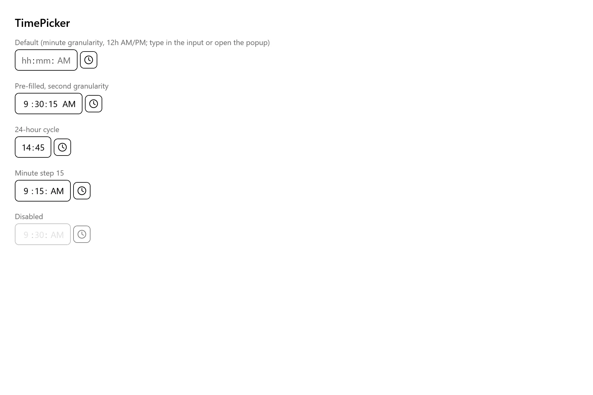 TimePicker Gallery page in the high contrast theme
