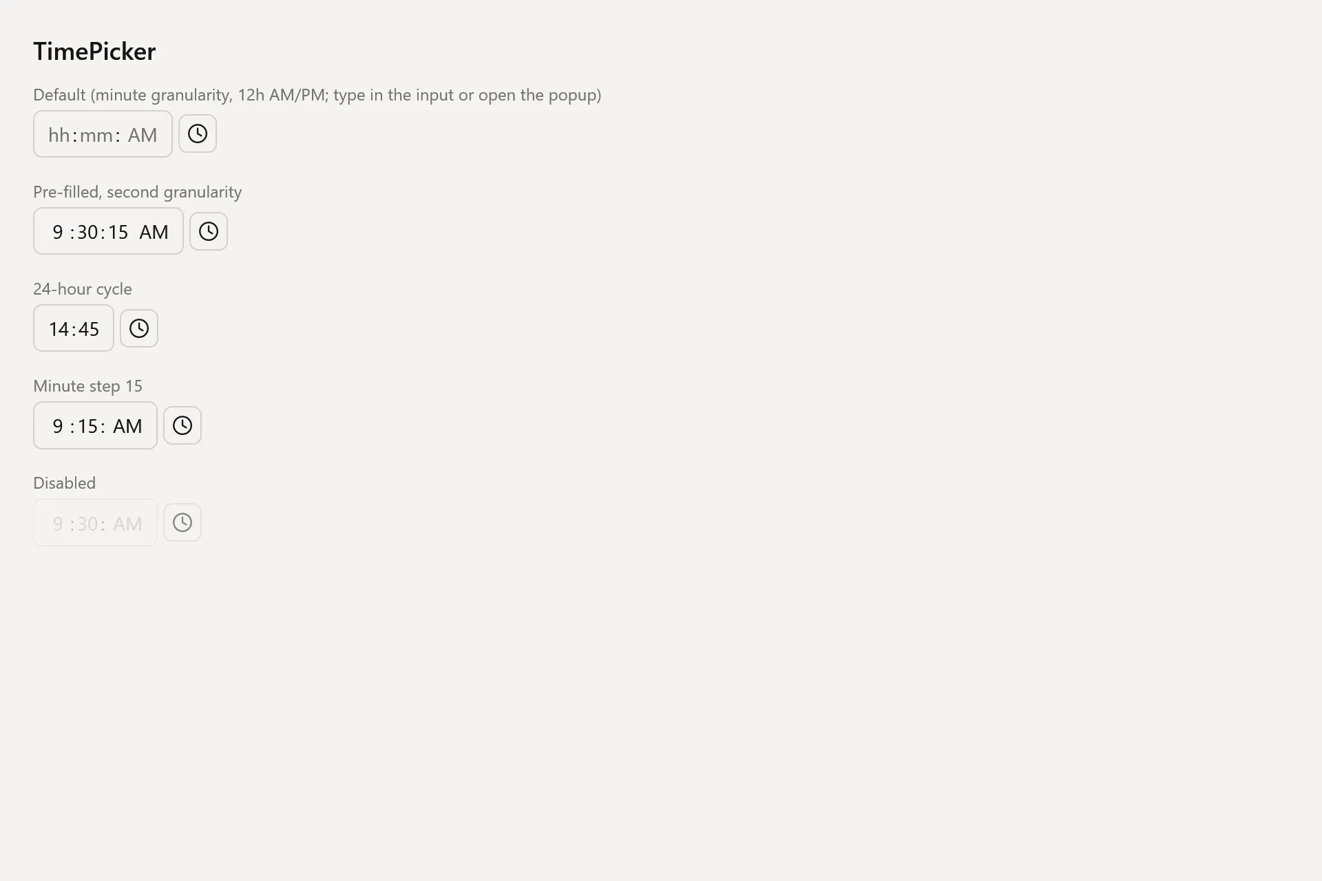 TimePicker Gallery page in the light theme
