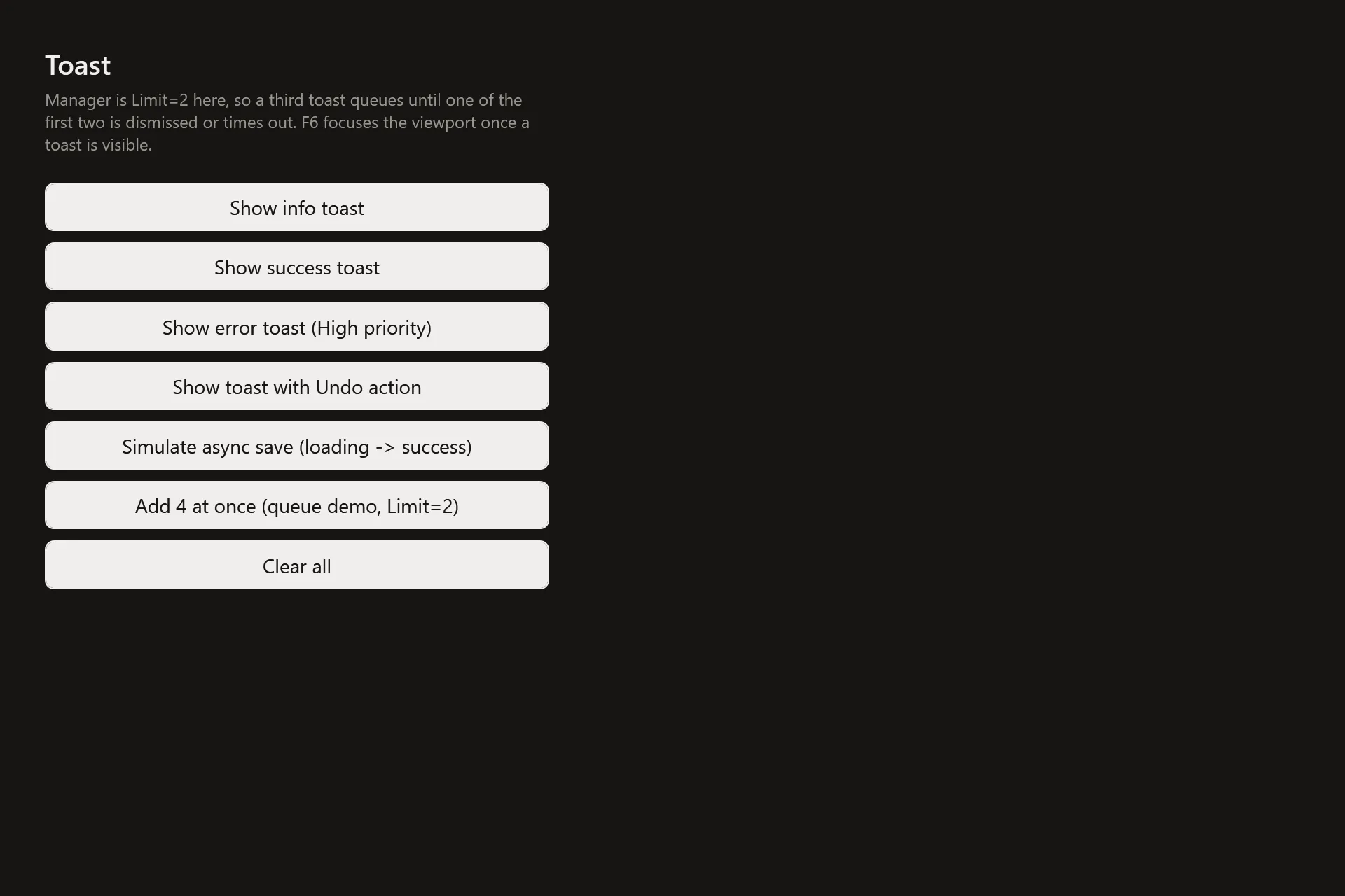 Toast Gallery page in the dark theme