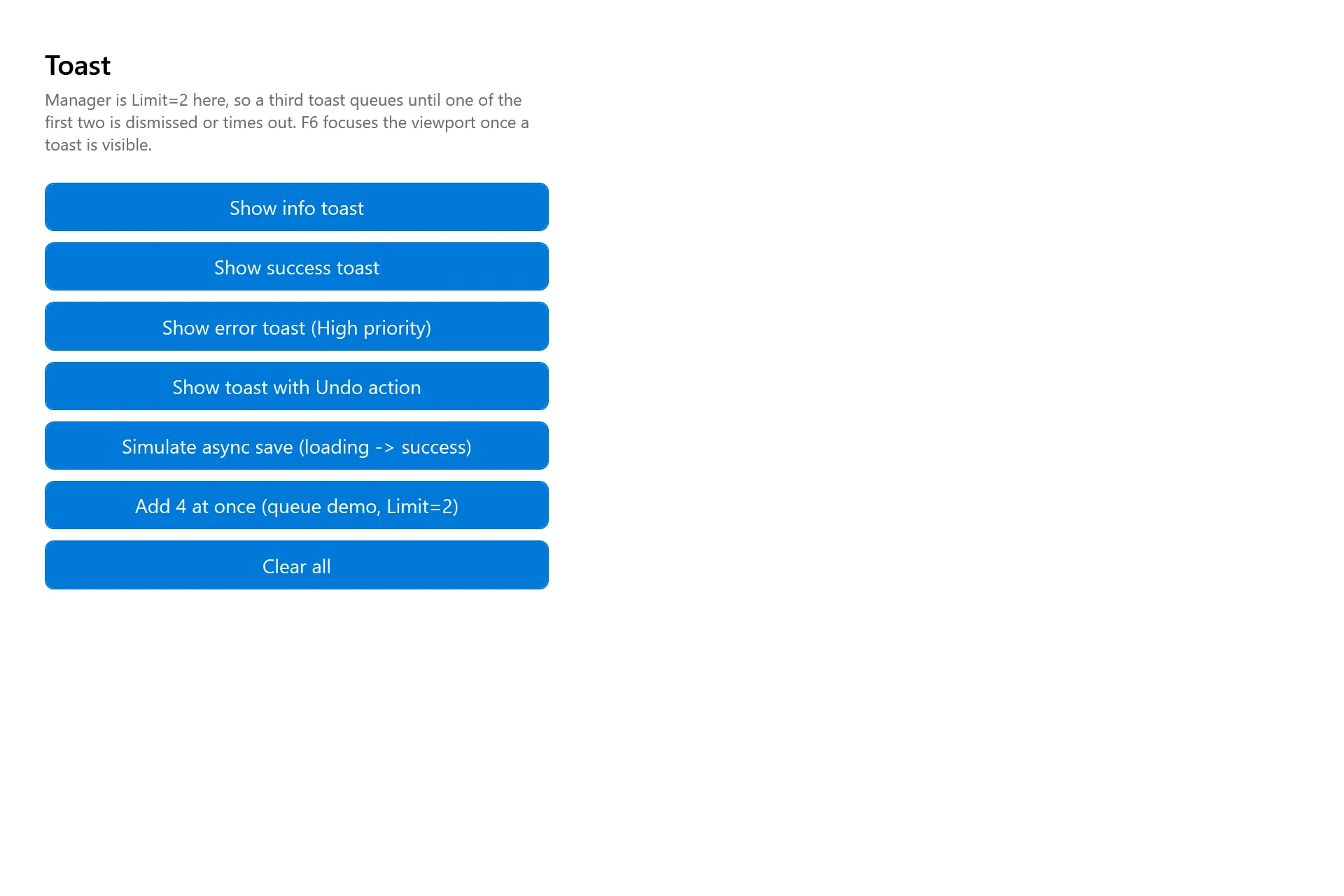 Toast Gallery page in the high contrast theme