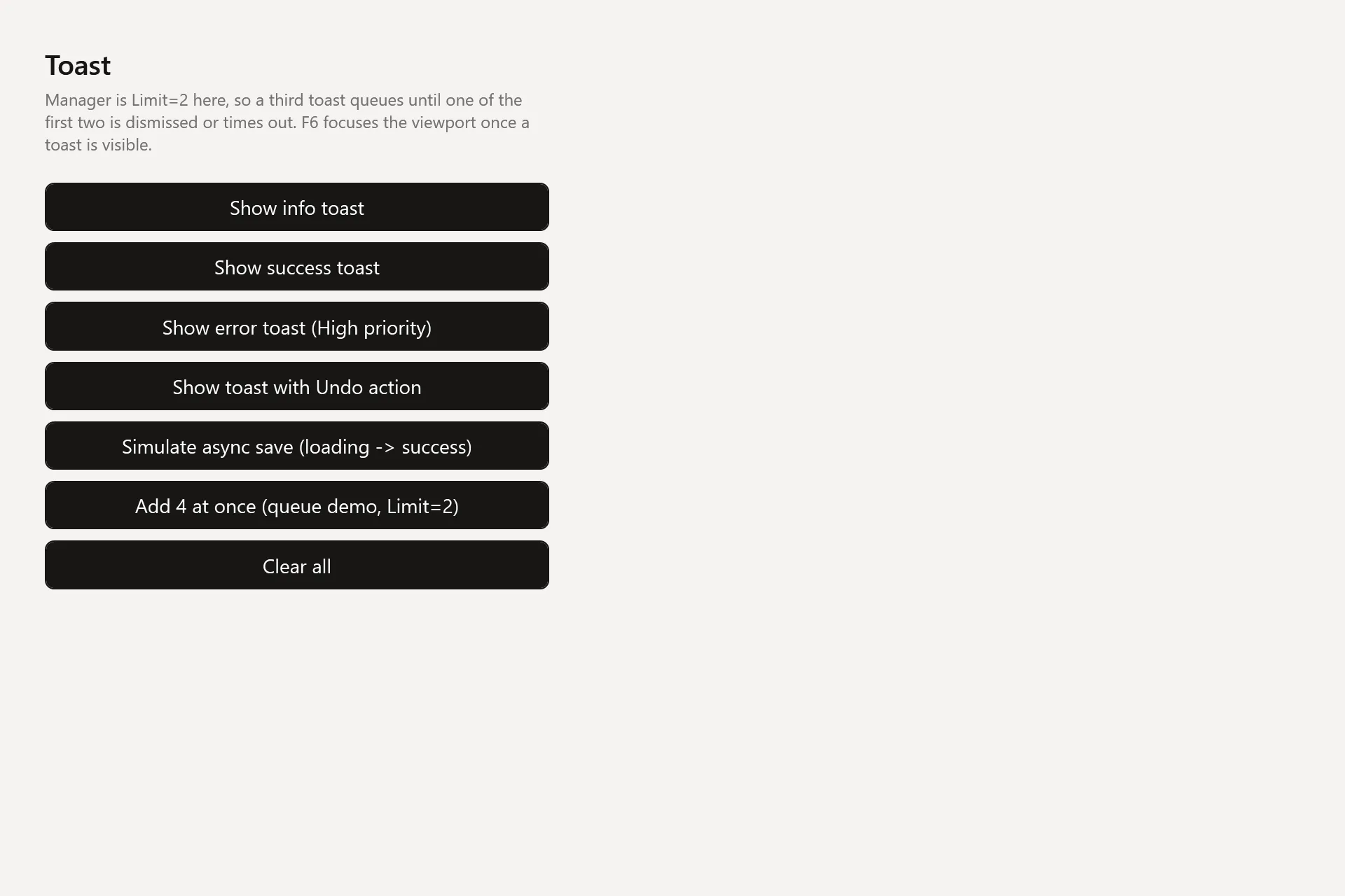 Toast Gallery page in the light theme