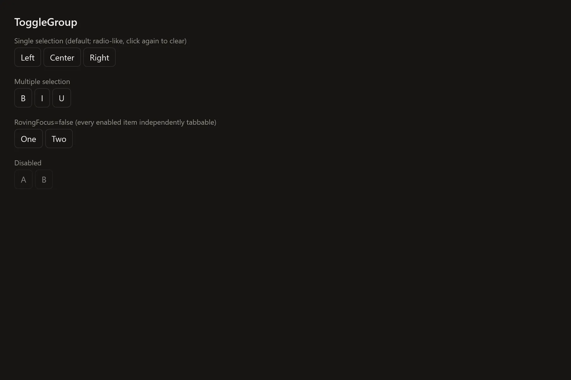 Toggle Group Gallery page in the dark theme