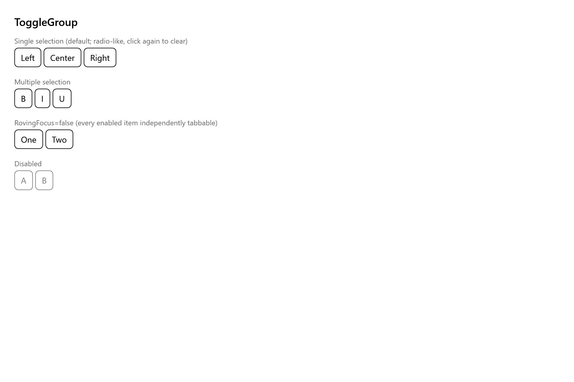Toggle Group Gallery page in the high contrast theme