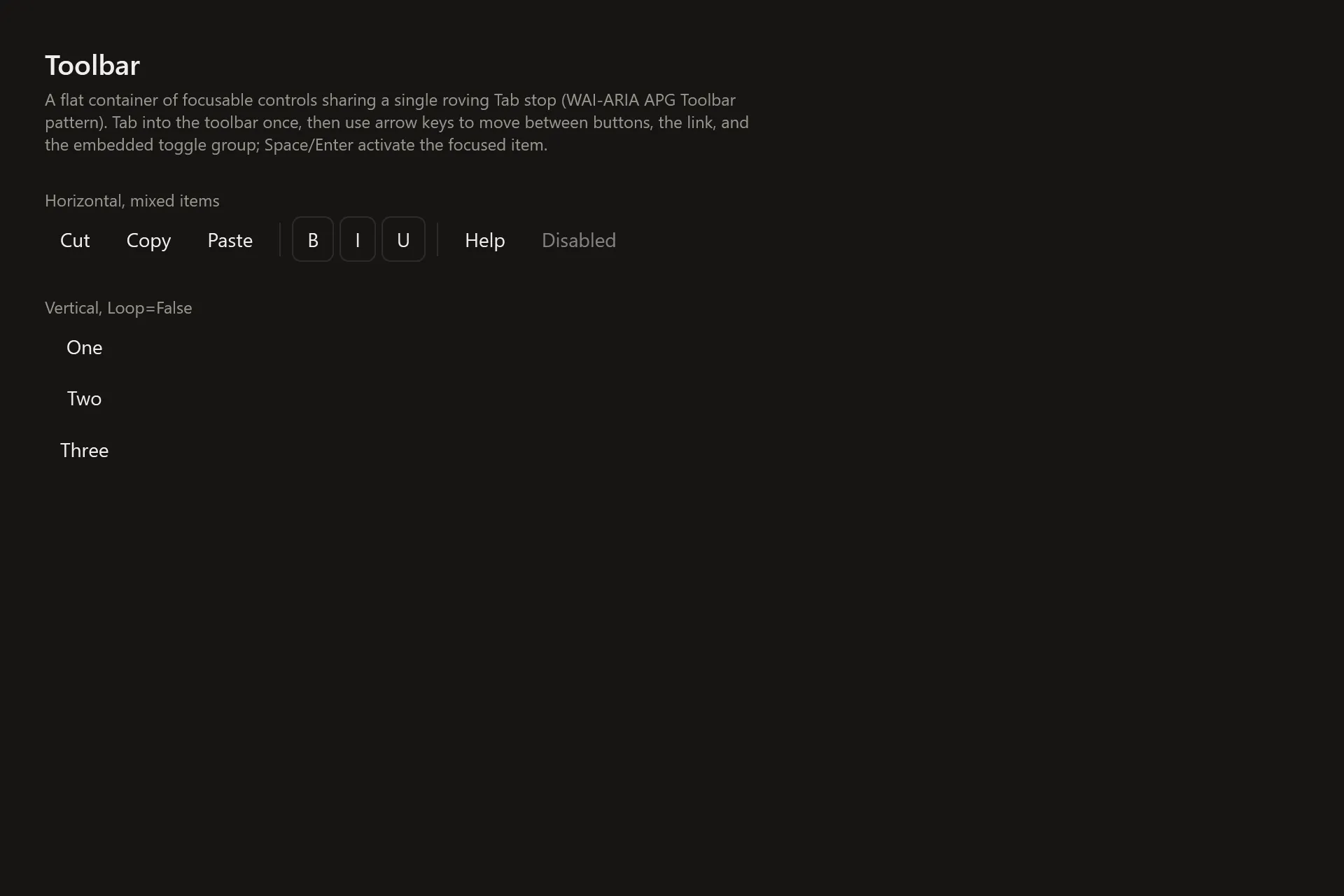 Toolbar Gallery page in the dark theme