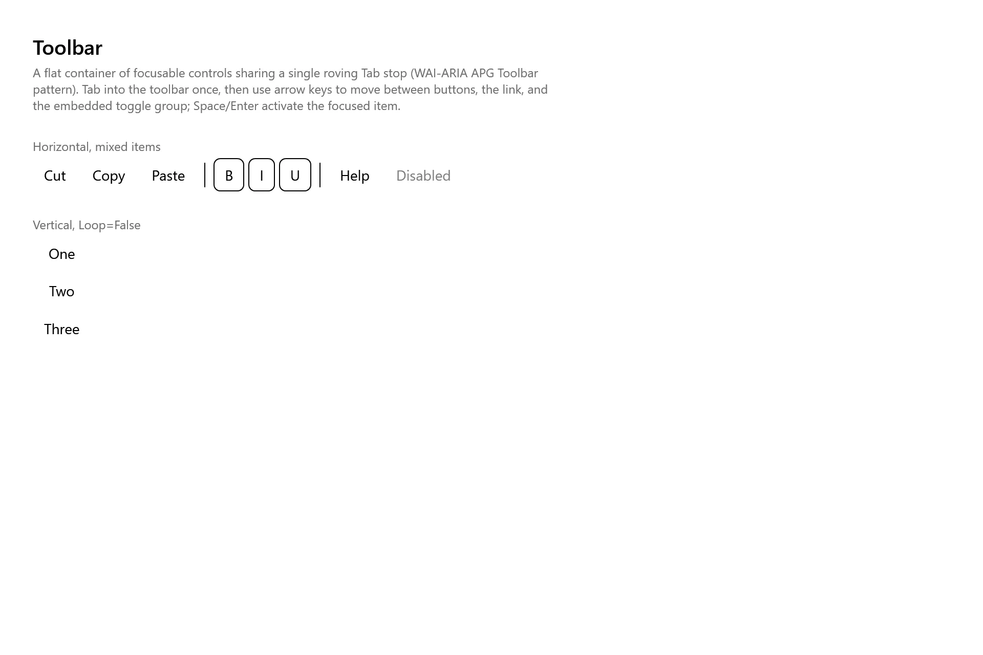 Toolbar Gallery page in the high contrast theme