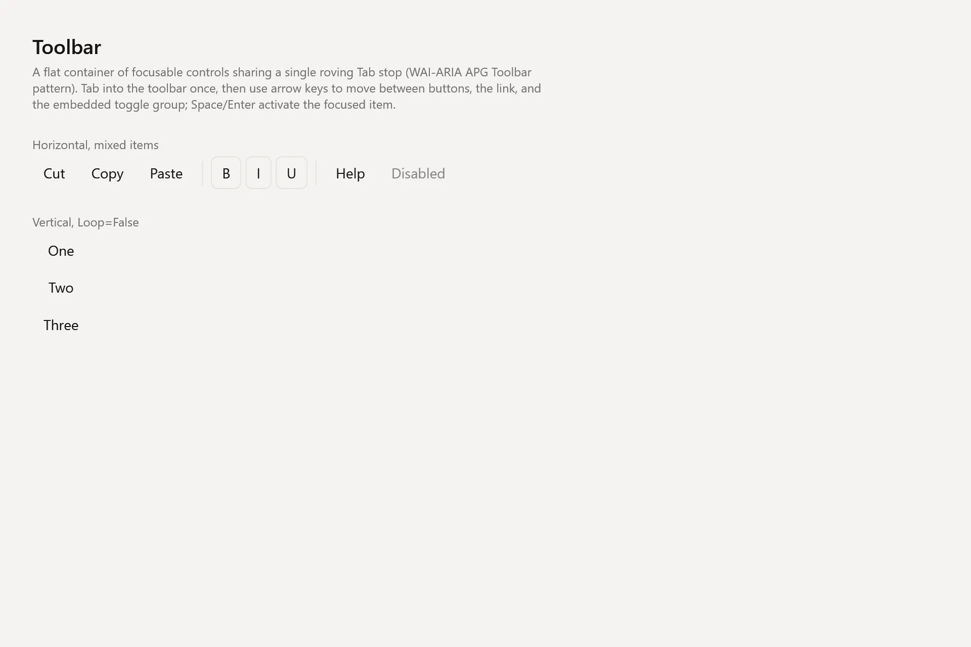 Toolbar Gallery page in the light theme