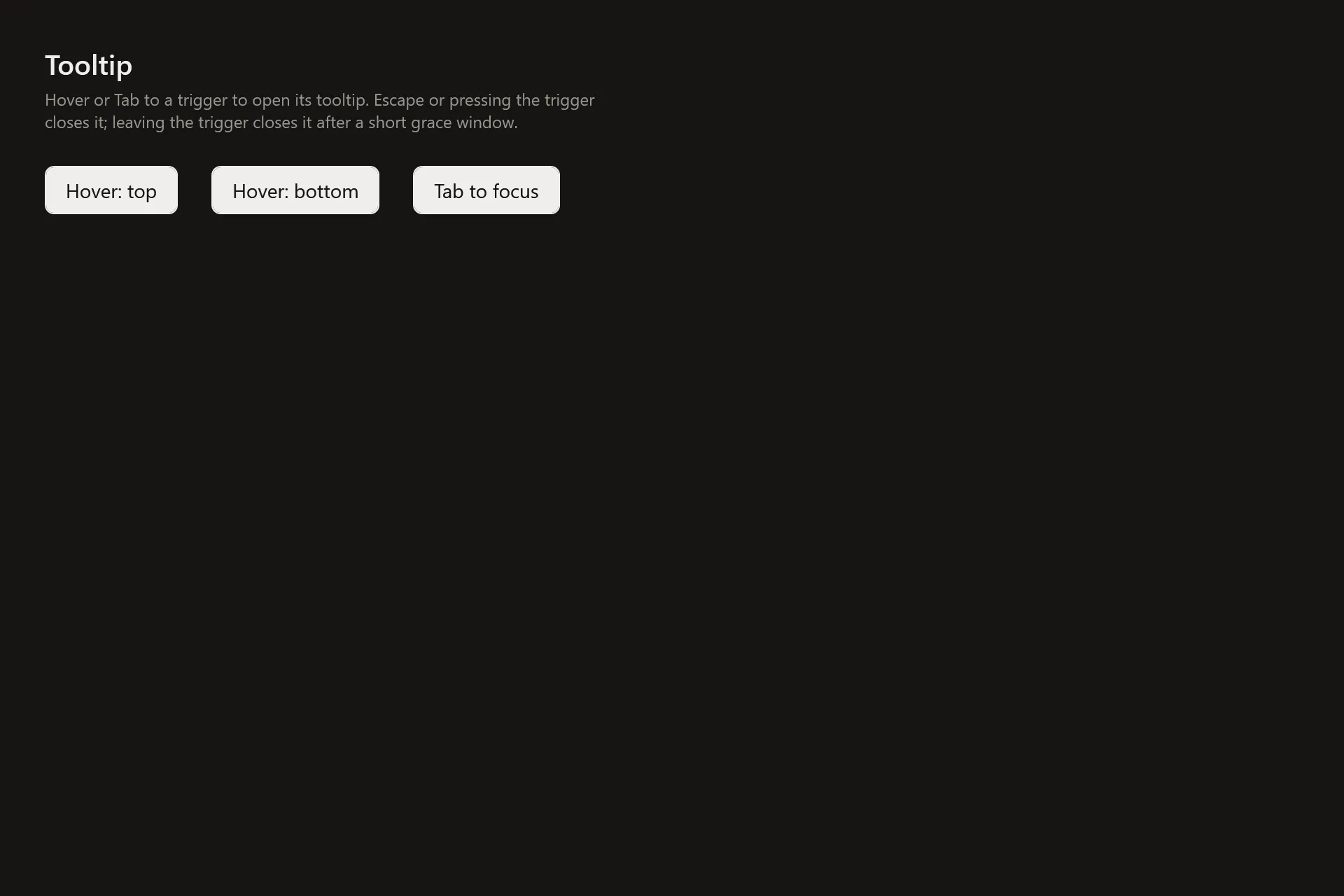 Tooltip Gallery page in the dark theme