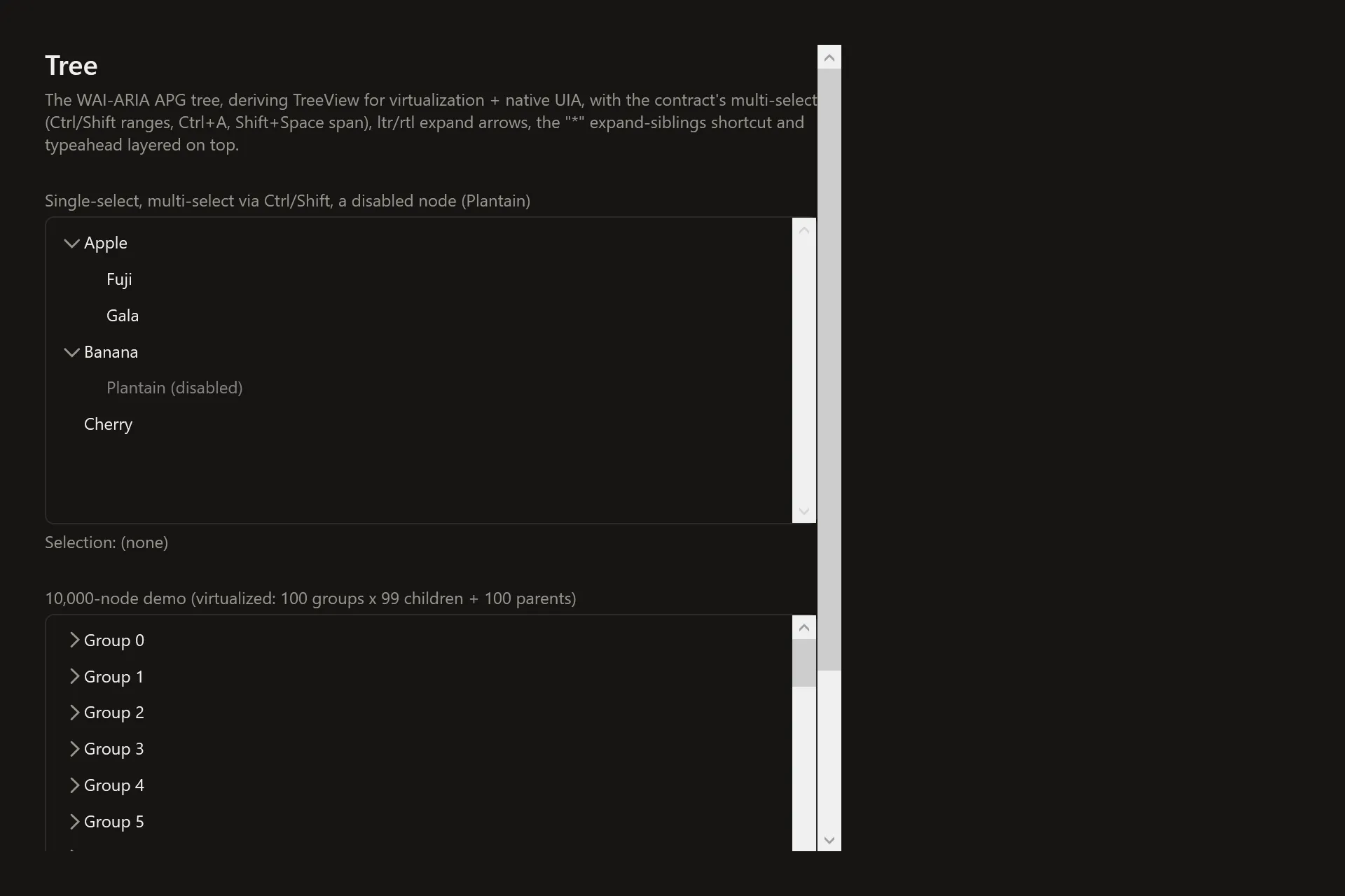 Tree Gallery page in the dark theme