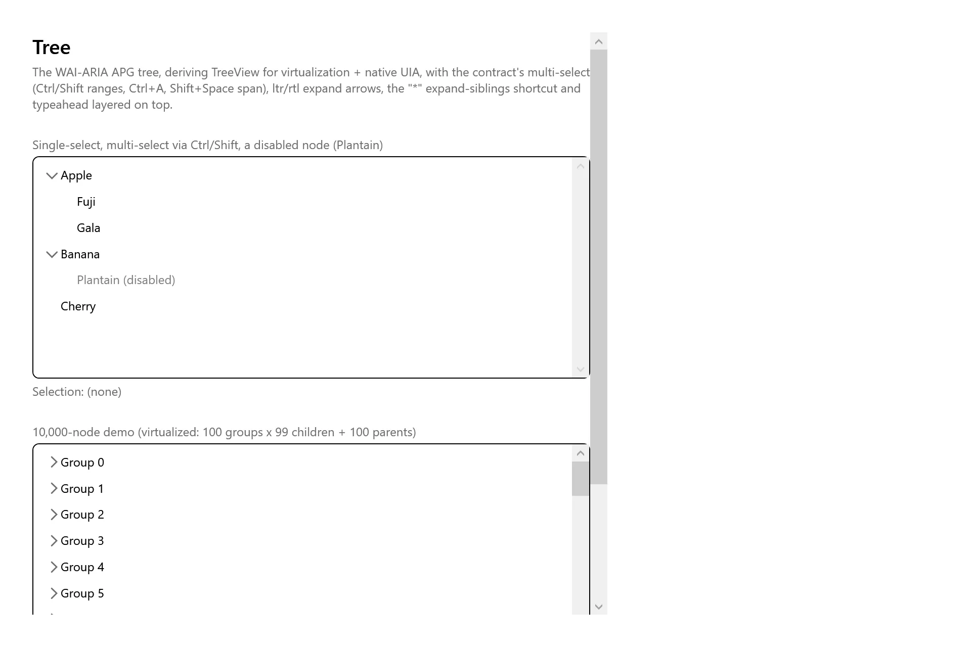 Tree Gallery page in the high contrast theme